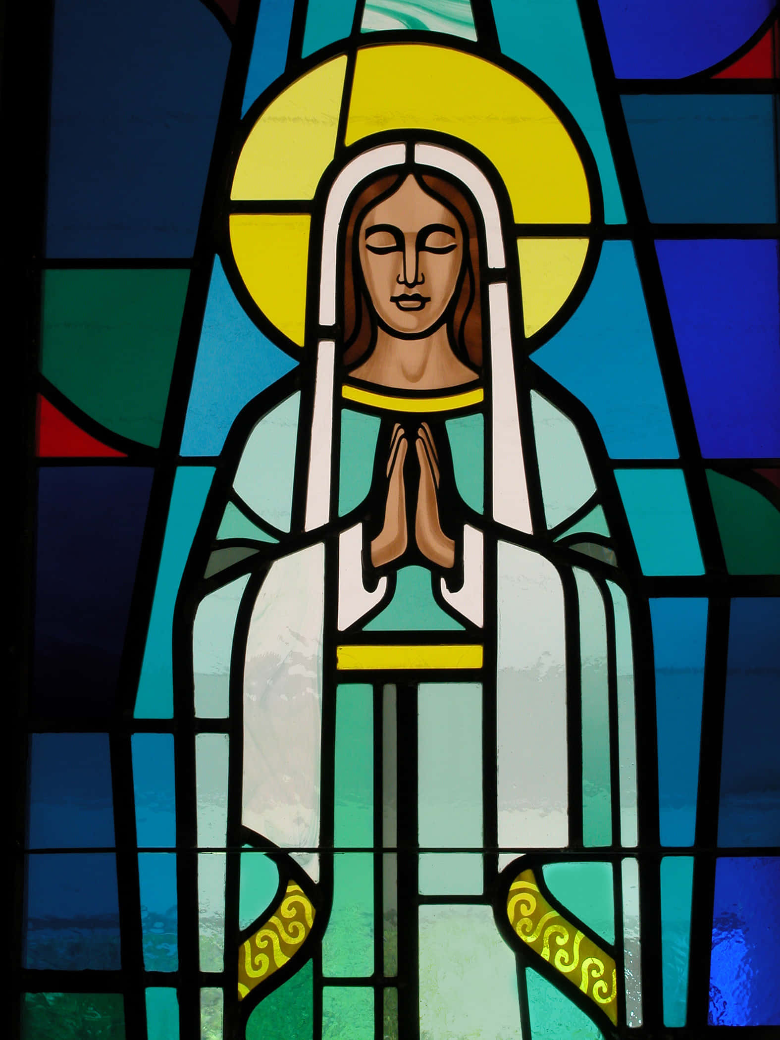Immaculate Conception, stained glass, yellow halo, Full HD Phone Wallpaper