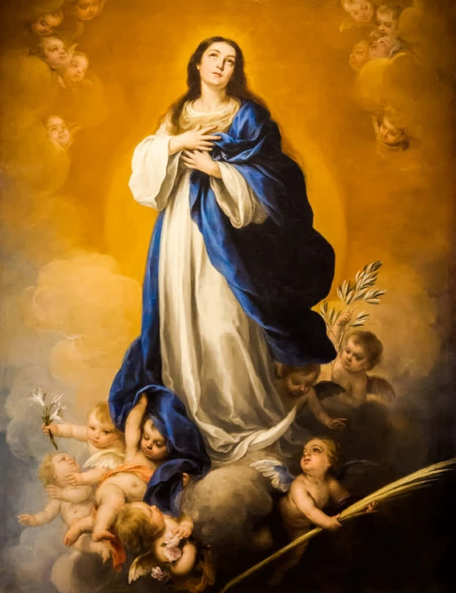 Feast of the Immaculate Conception, blue and white robes, swirling clouds, SD Phone Wallpaper