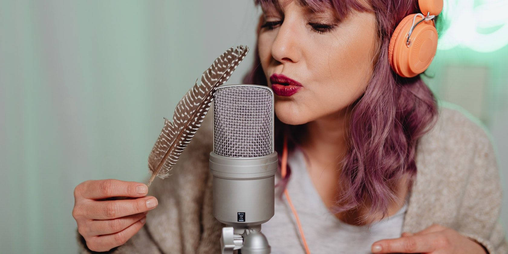 Feather Asmr, purple hair, orange headphones, HD Desktop Wallpaper