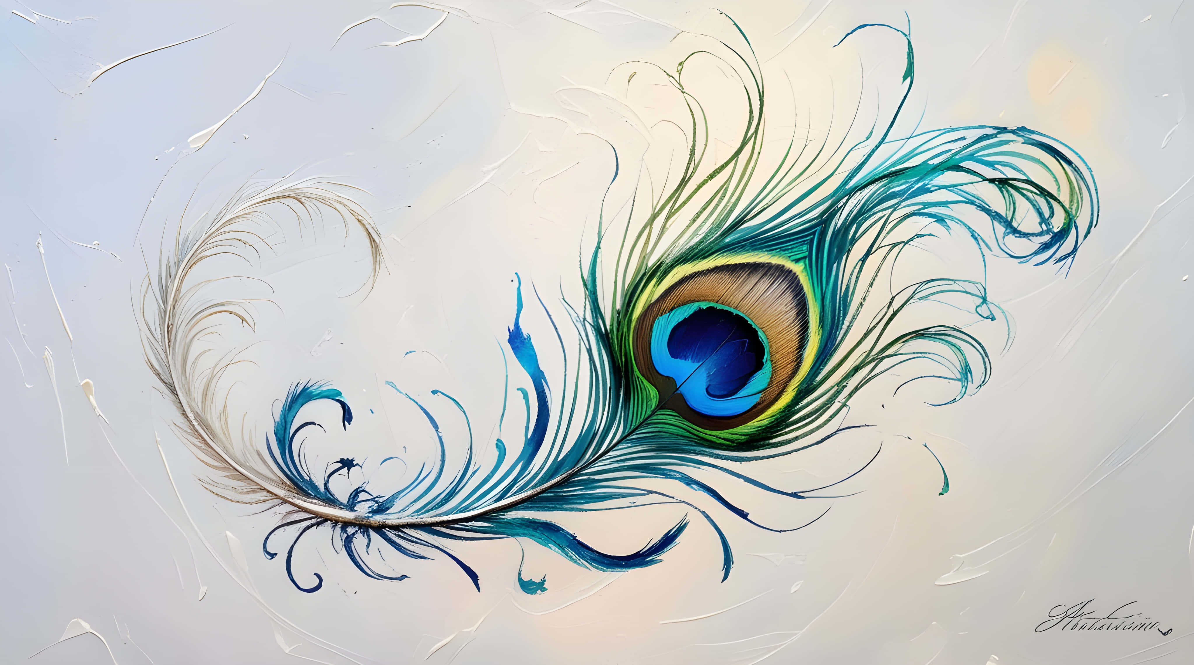 peacock feather, iridescent blue green, gold eye, 4K Desktop Wallpaper