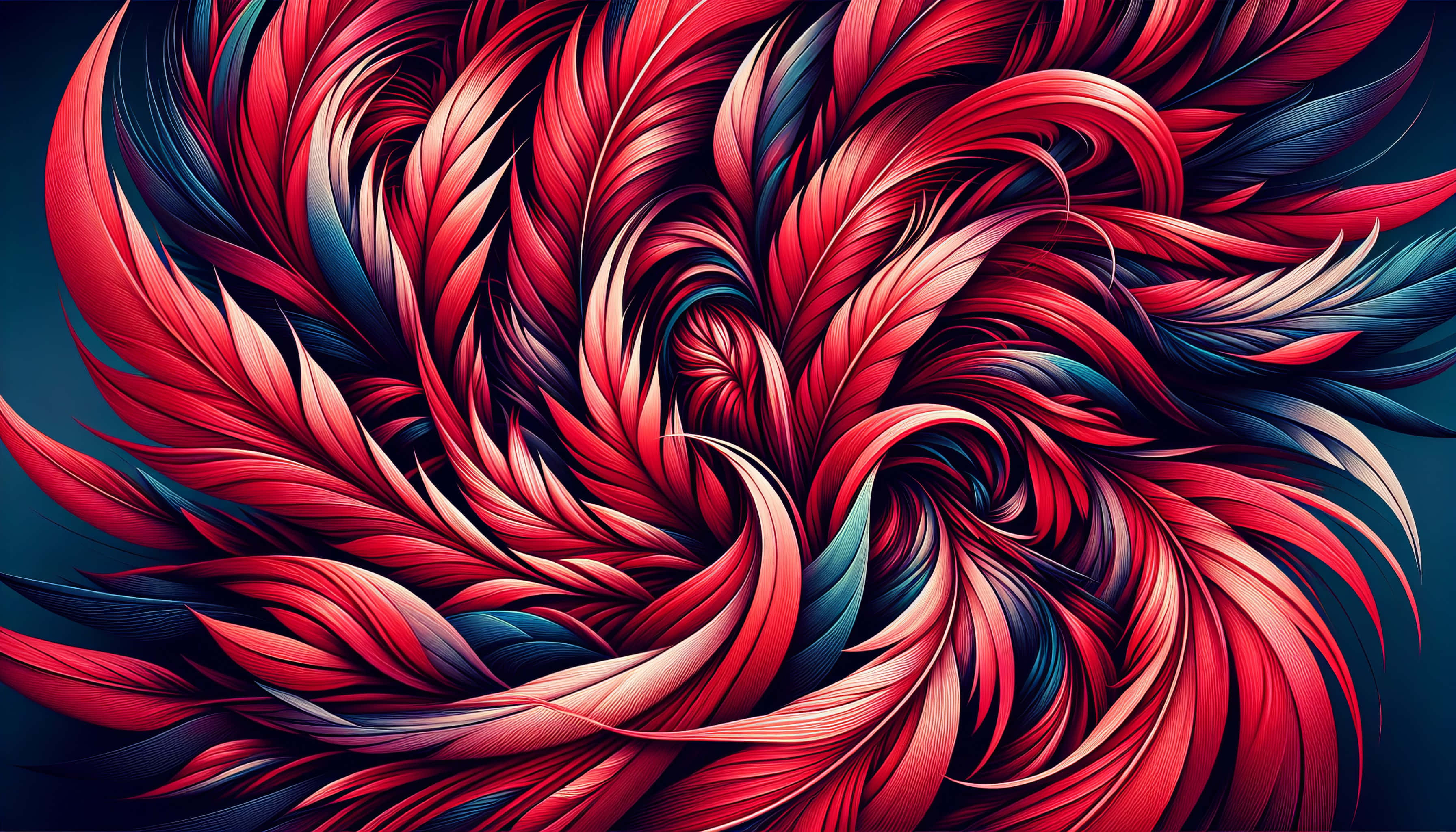 abstract feather artwork, vibrant red, navy blue, 2K Desktop Wallpaper