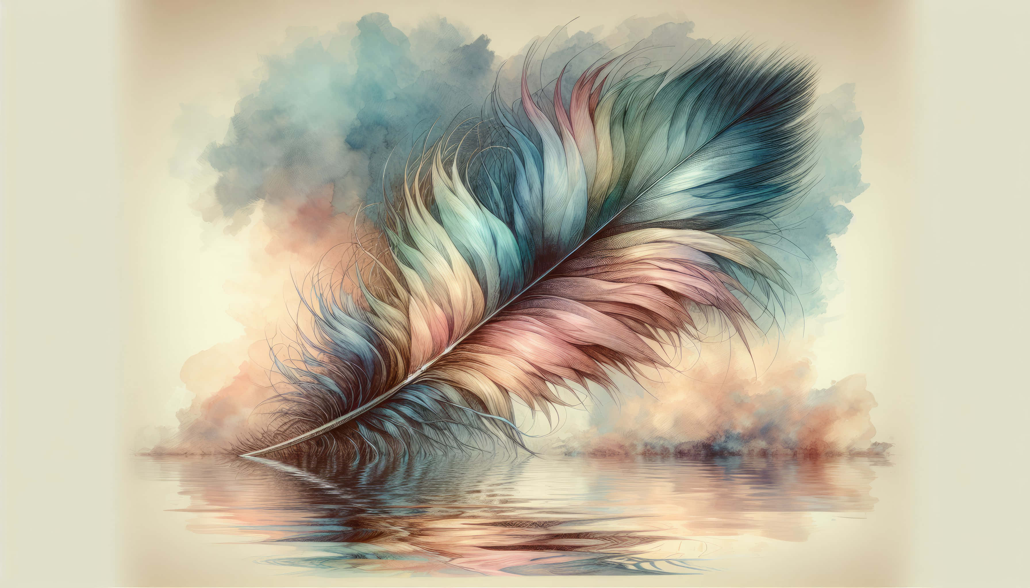 colorful feather, calm water, soft pastel clouds, 2K Desktop Wallpaper