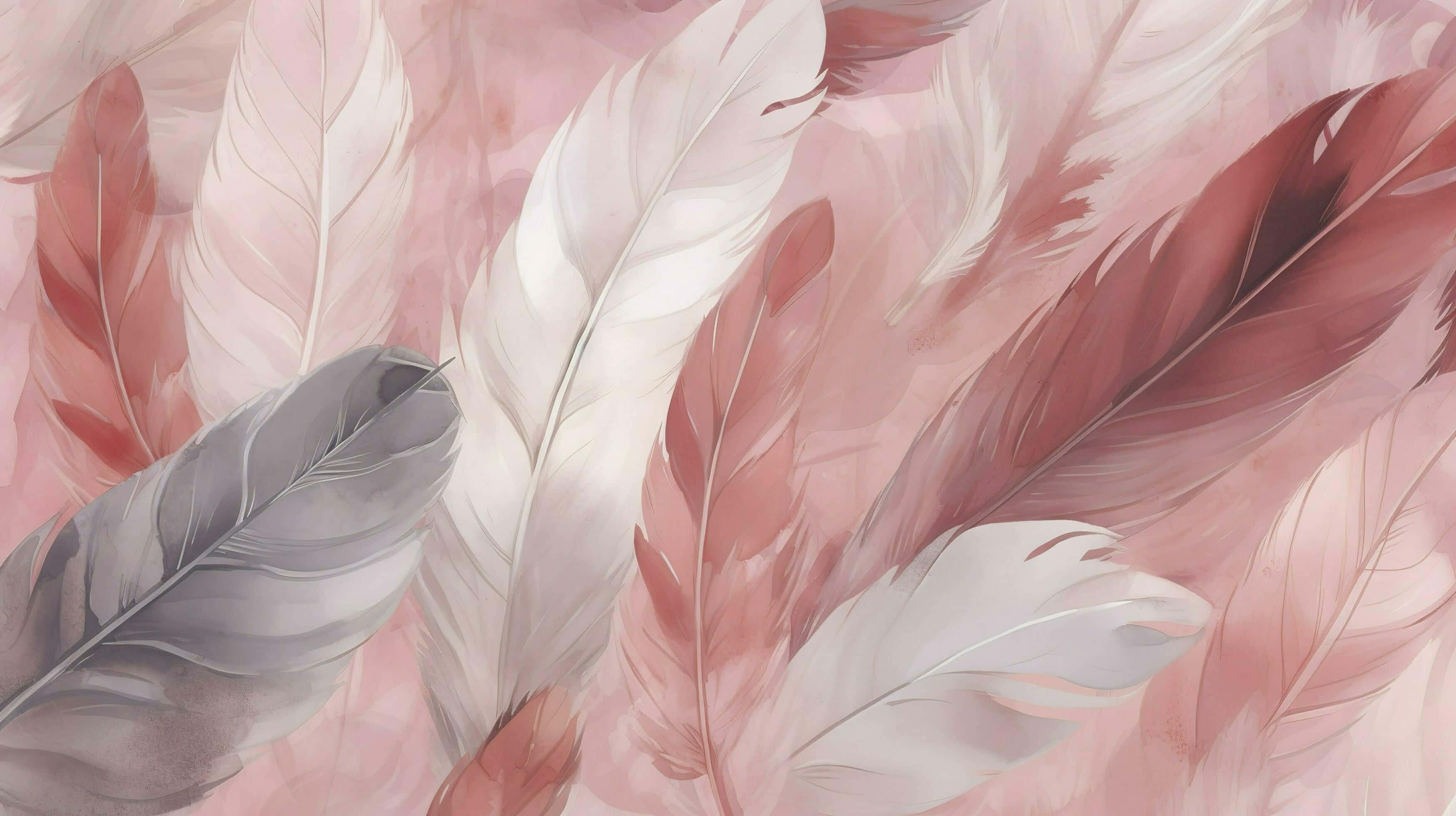 soft feather texture, pink and gray feathers, dreamy watercolor wash, 2K Desktop Wallpaper