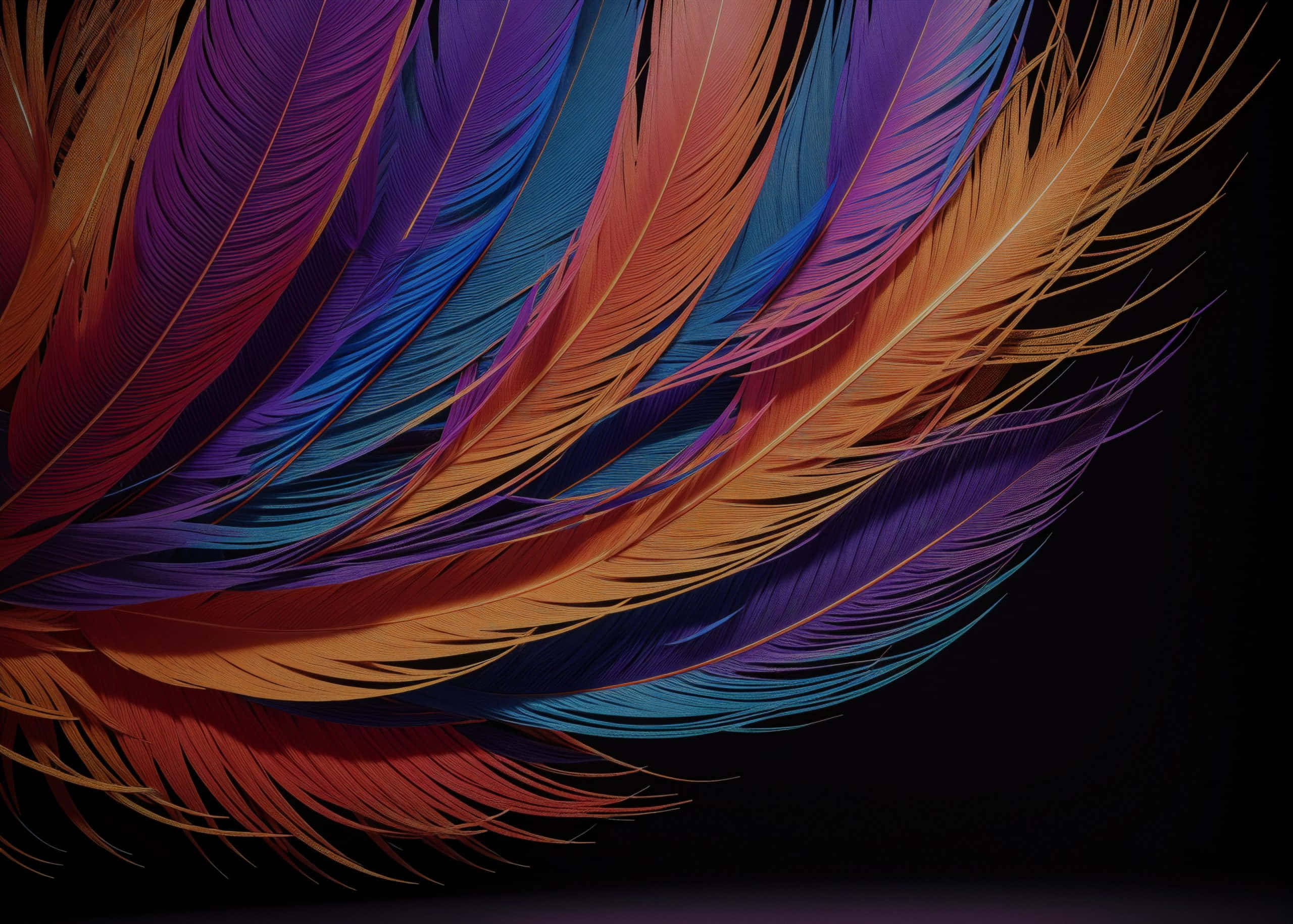 colorful feather artwork, iridescent feathers, purple, 2K Desktop Wallpaper
