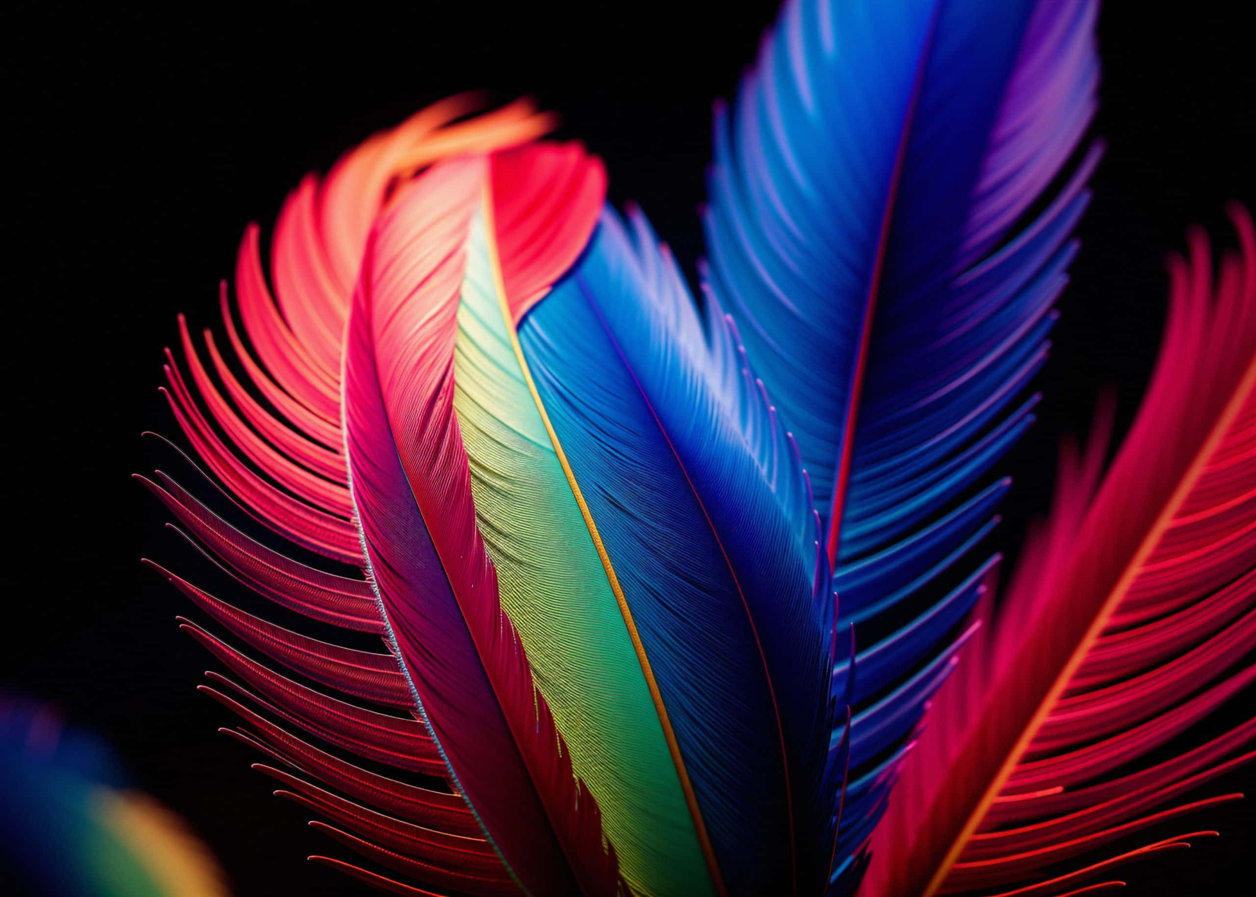 vibrant iridescent feathers, electric red blue and green, stark black background, 2K Desktop Wallpaper