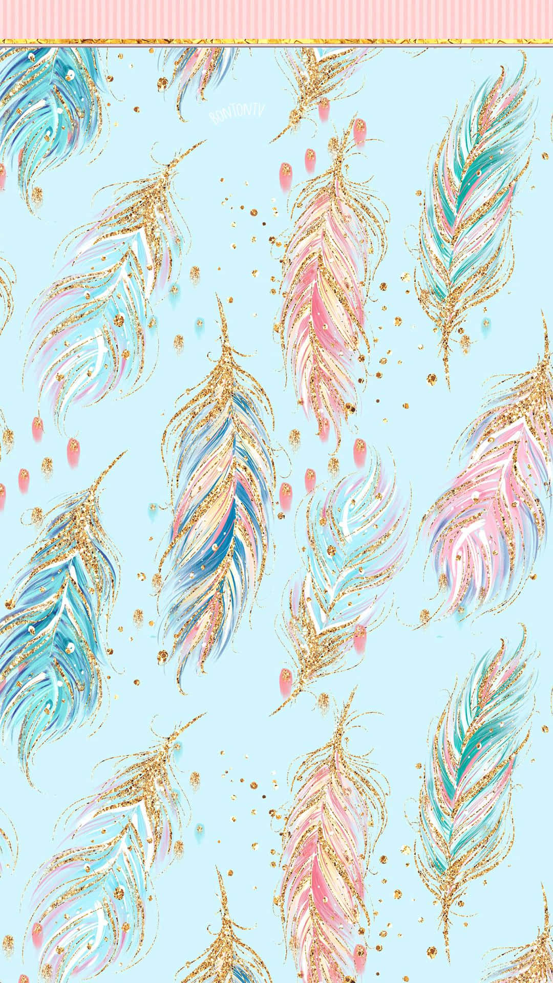 pastel feather pattern, gold glitter, pink droplets, Full HD Phone Wallpaper