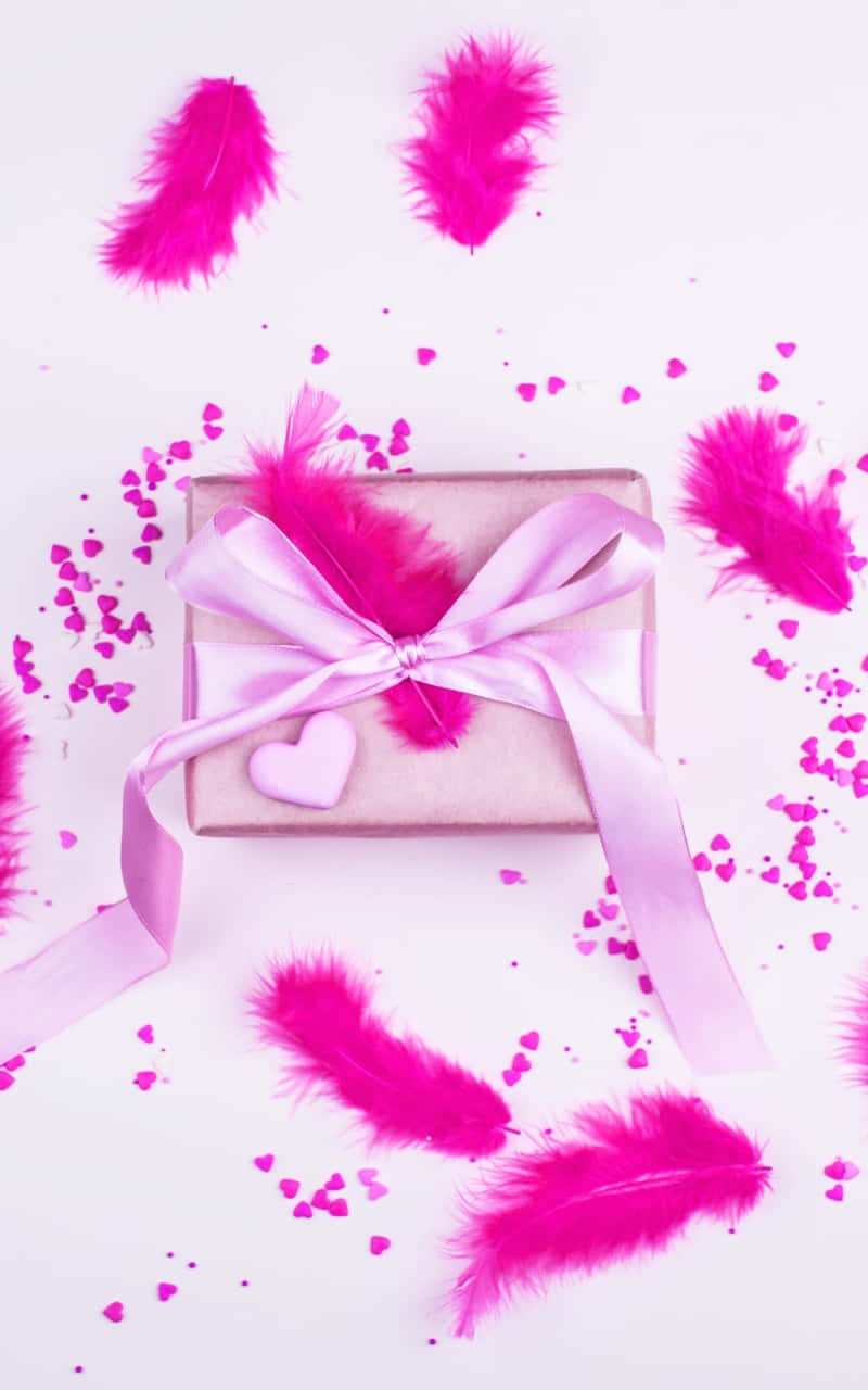 pink gift box, satin bow, feathers, HD Phone Wallpaper