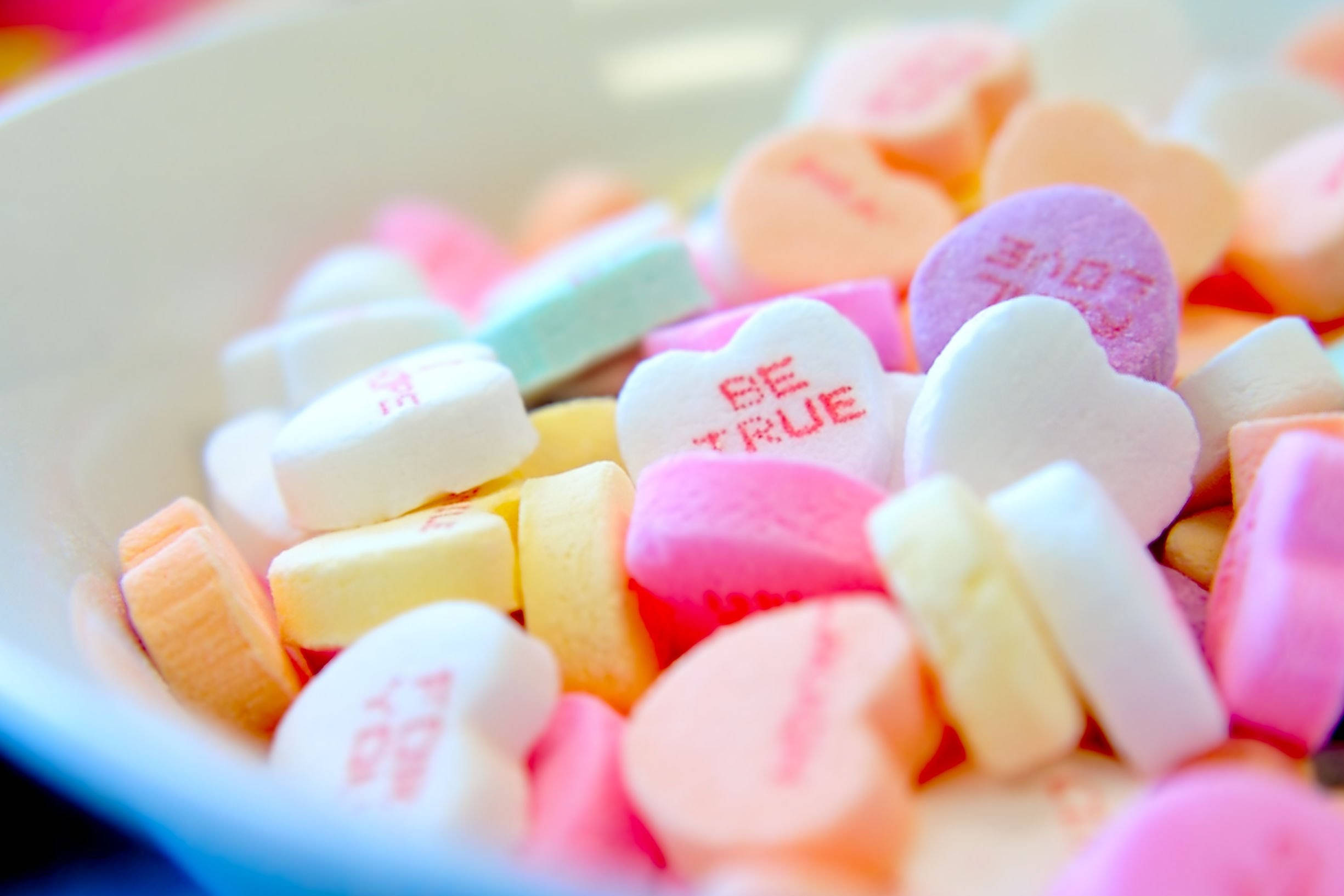 February, heart-shaped candy, white bowl, Full HD Desktop Wallpaper