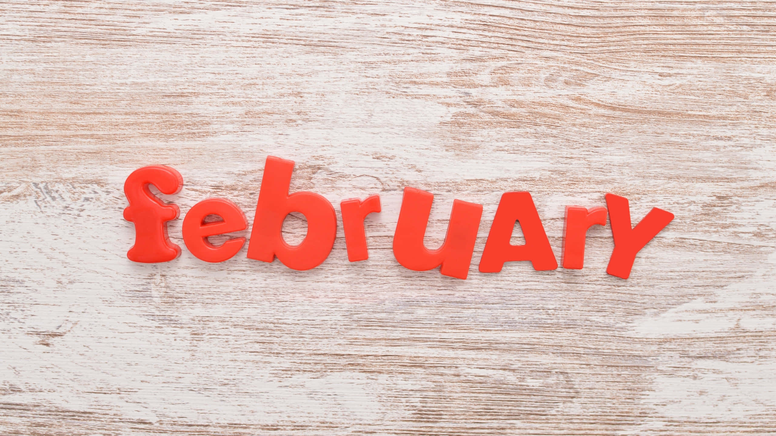February, red, white wooden surface, 2K Desktop Wallpaper