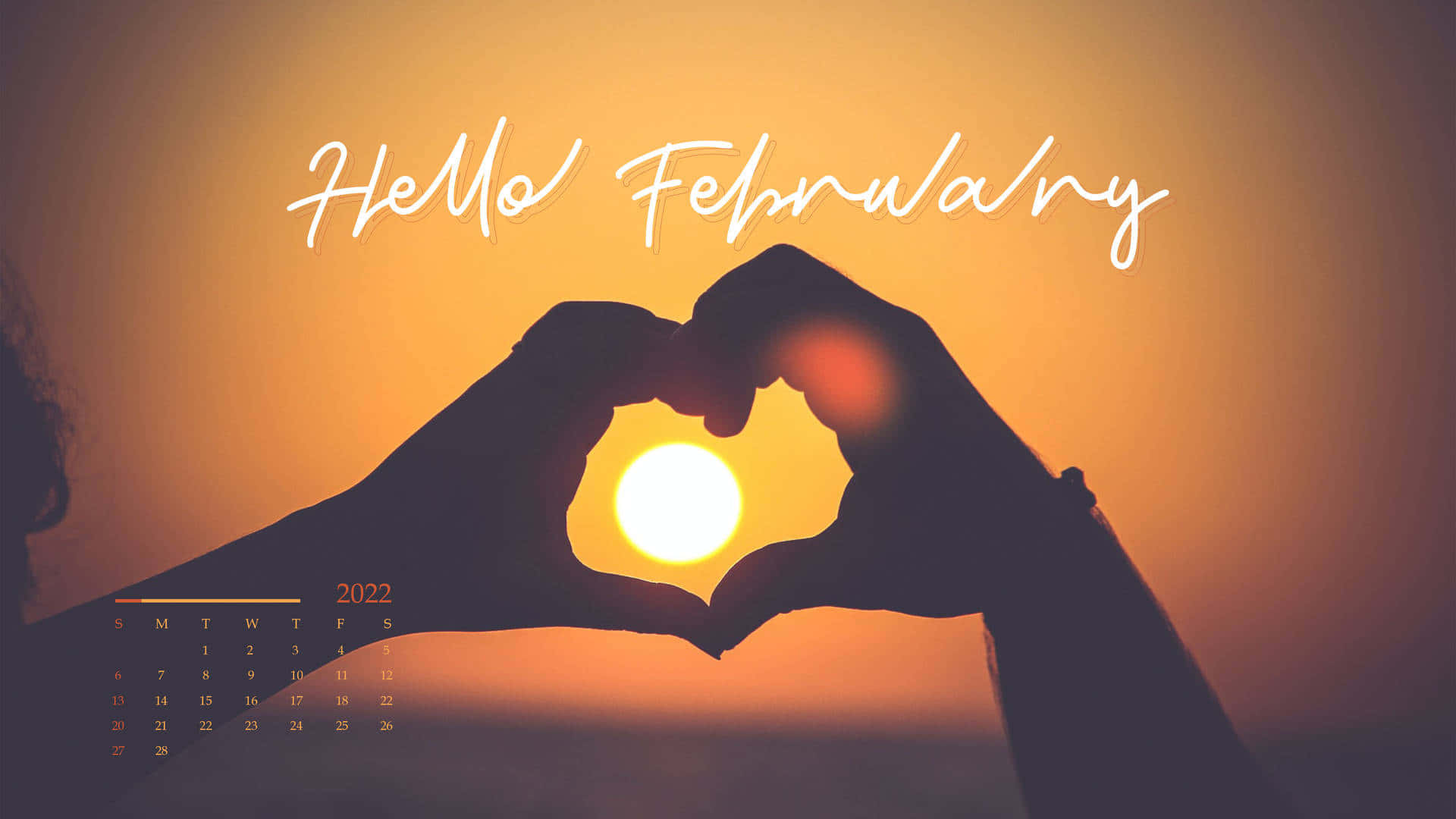 February calendar, glowing sun, warm orange sunset sky, Full HD Desktop Wallpaper