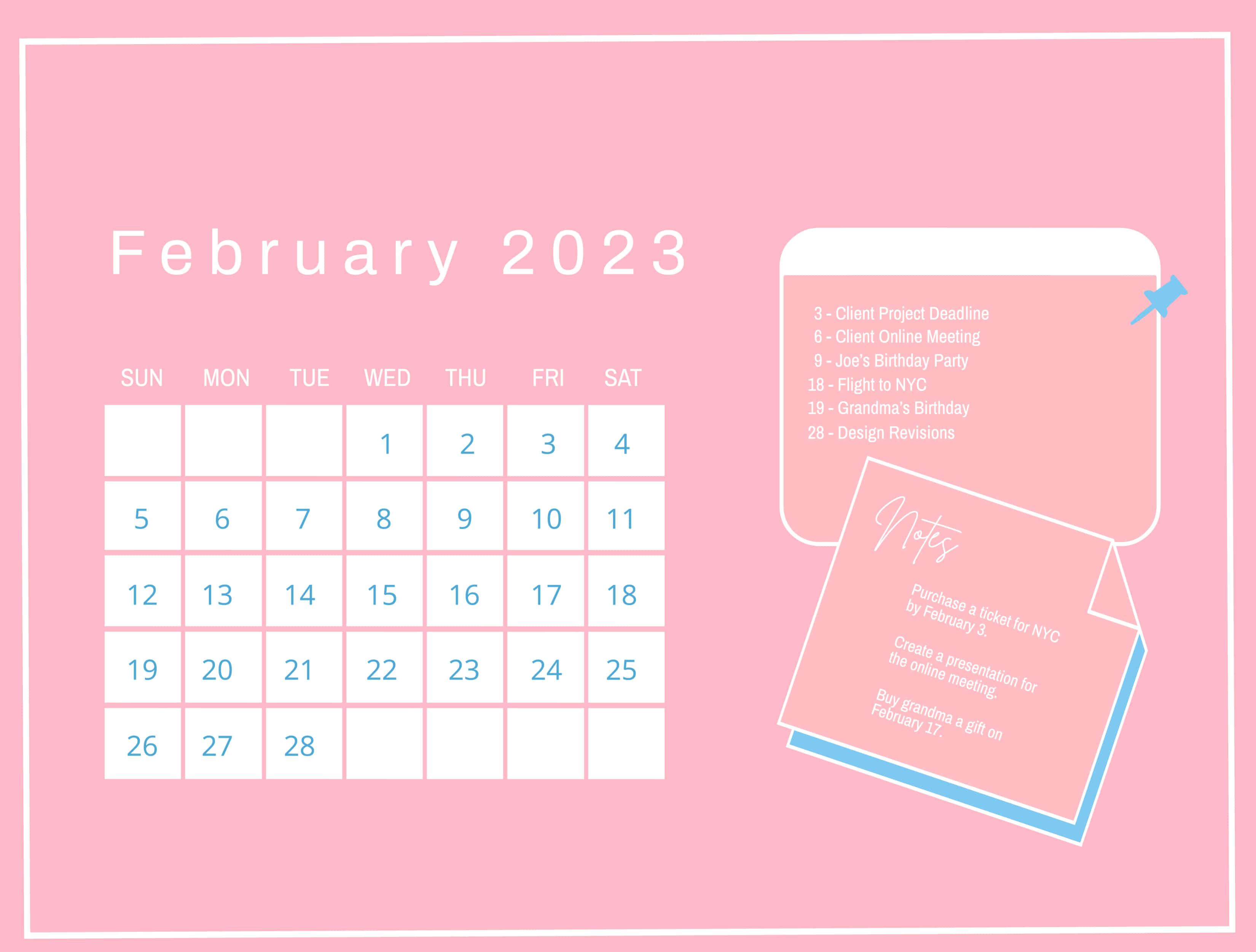 February 2023 calendar, pink background, light blue text, 2K Desktop Wallpaper