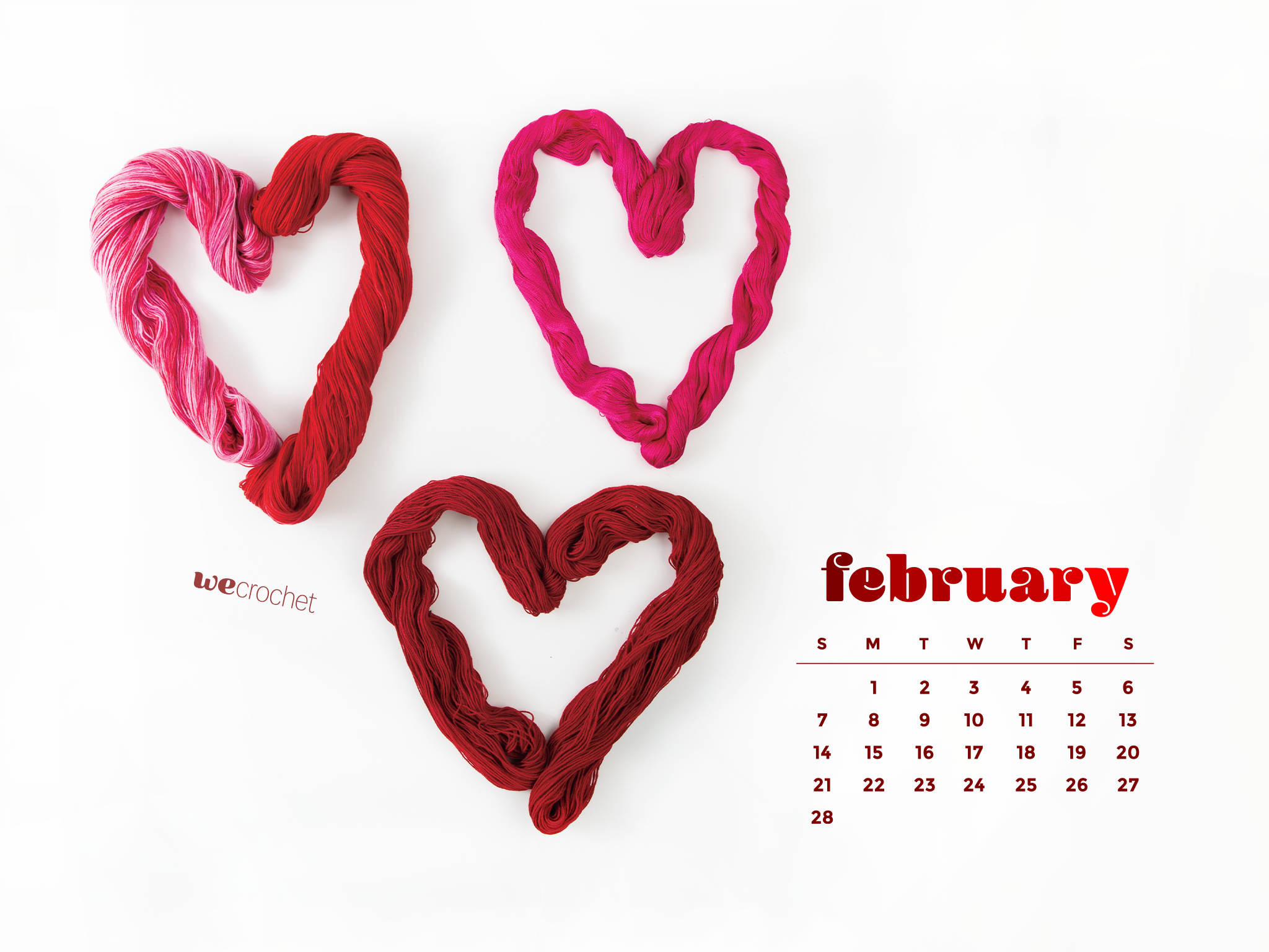 February calendar, red yarn, pink yarn, Full HD Desktop Wallpaper
