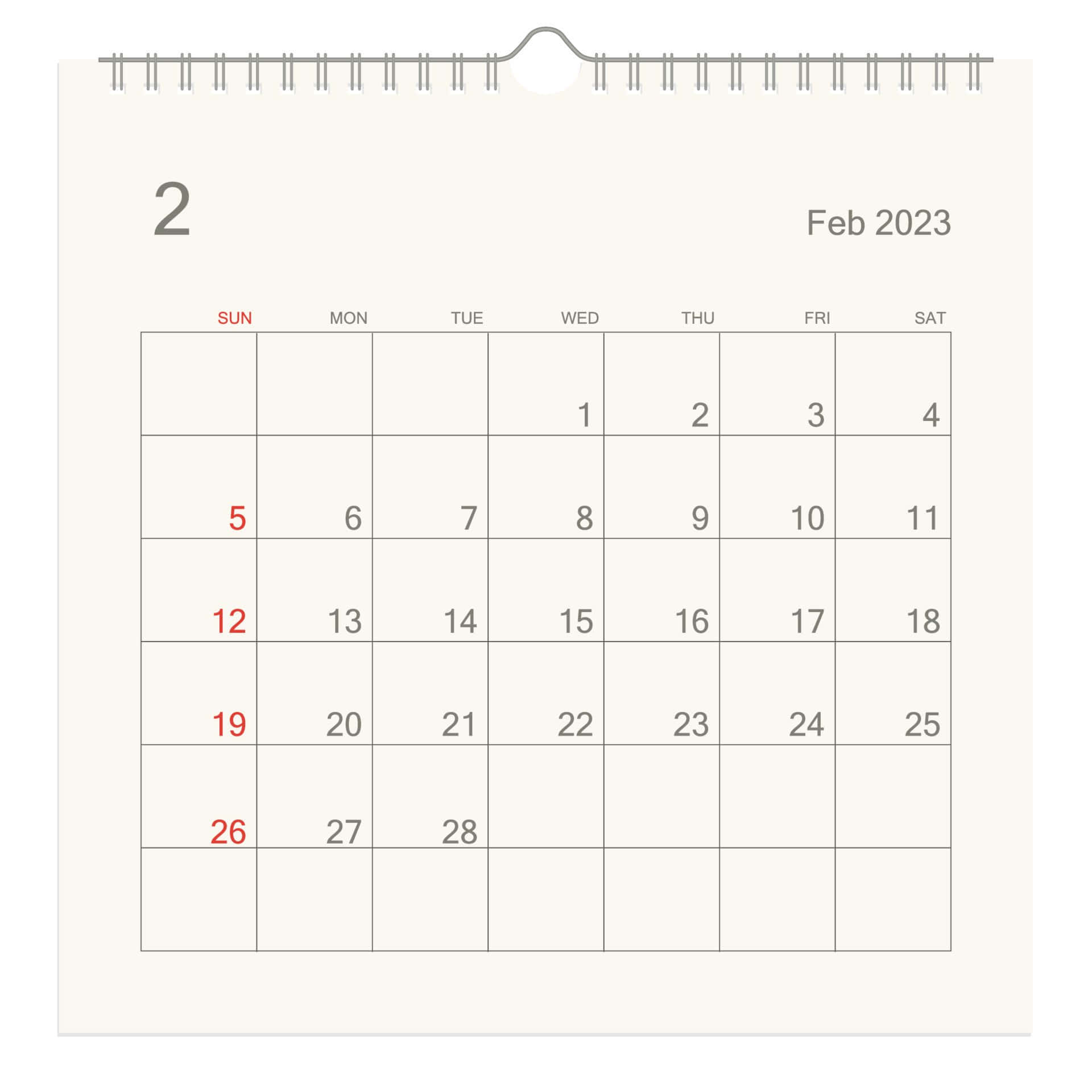 February 2023, cream background, red highlighted weekends, Full HD Desktop Wallpaper
