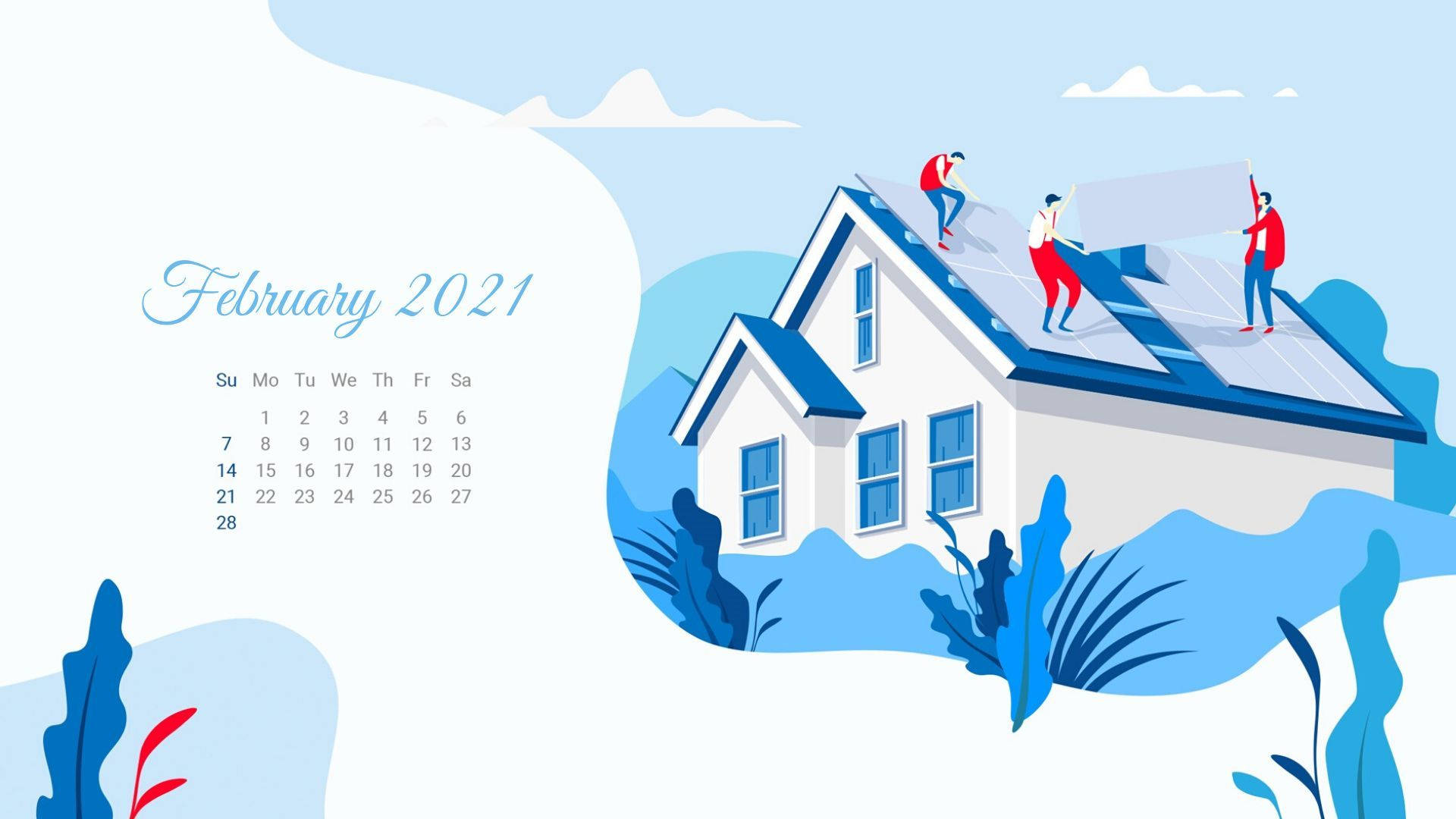 February 2021 calendar, solar panels, white house roof, Full HD Desktop Wallpaper