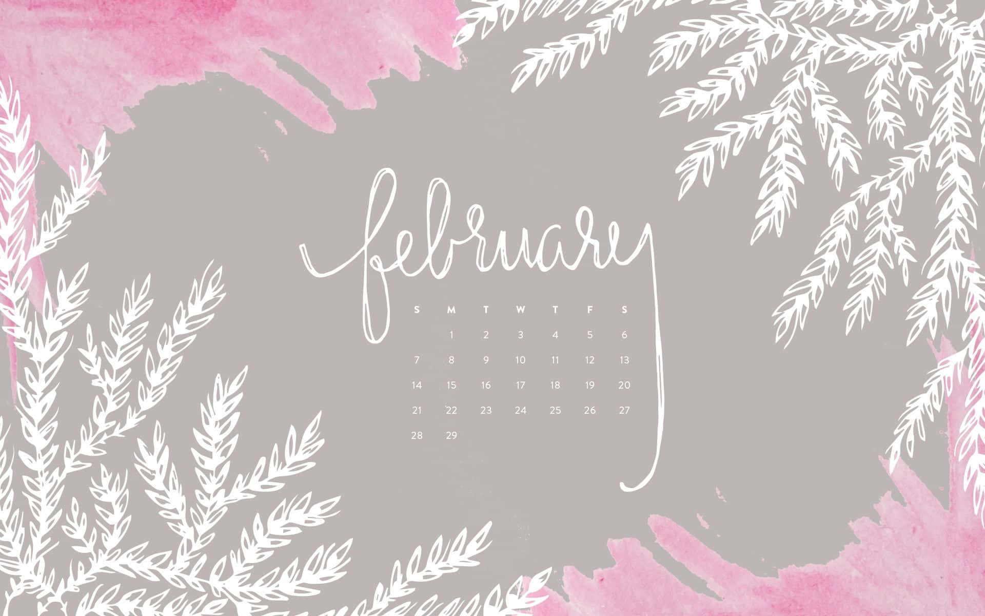 February Calendar, white pine branches, soft pink watercolor splashes, Full HD Desktop Wallpaper