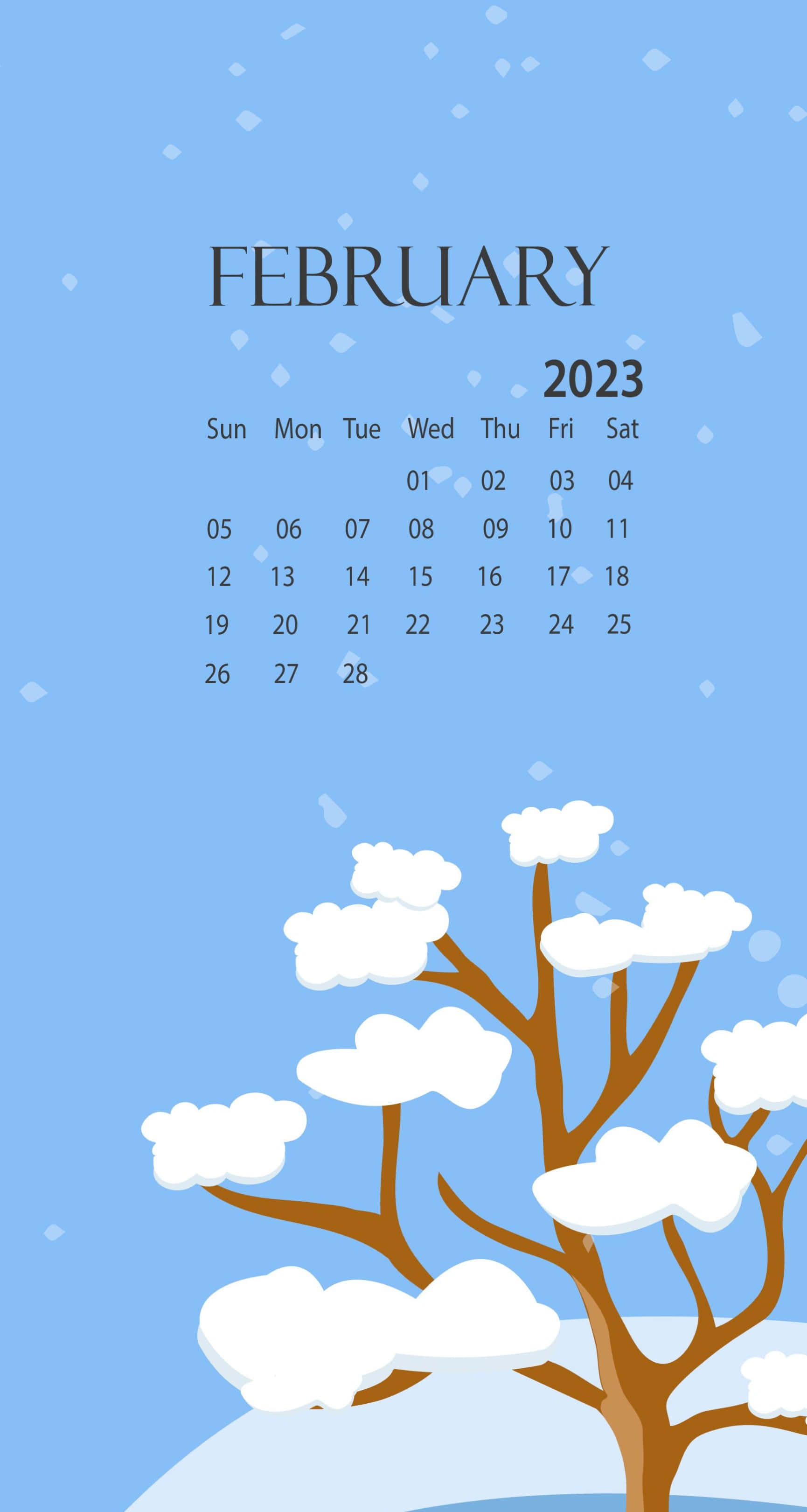 February 2023 calendar, snow-covered tree, light blue sky, 2K Phone Wallpaper