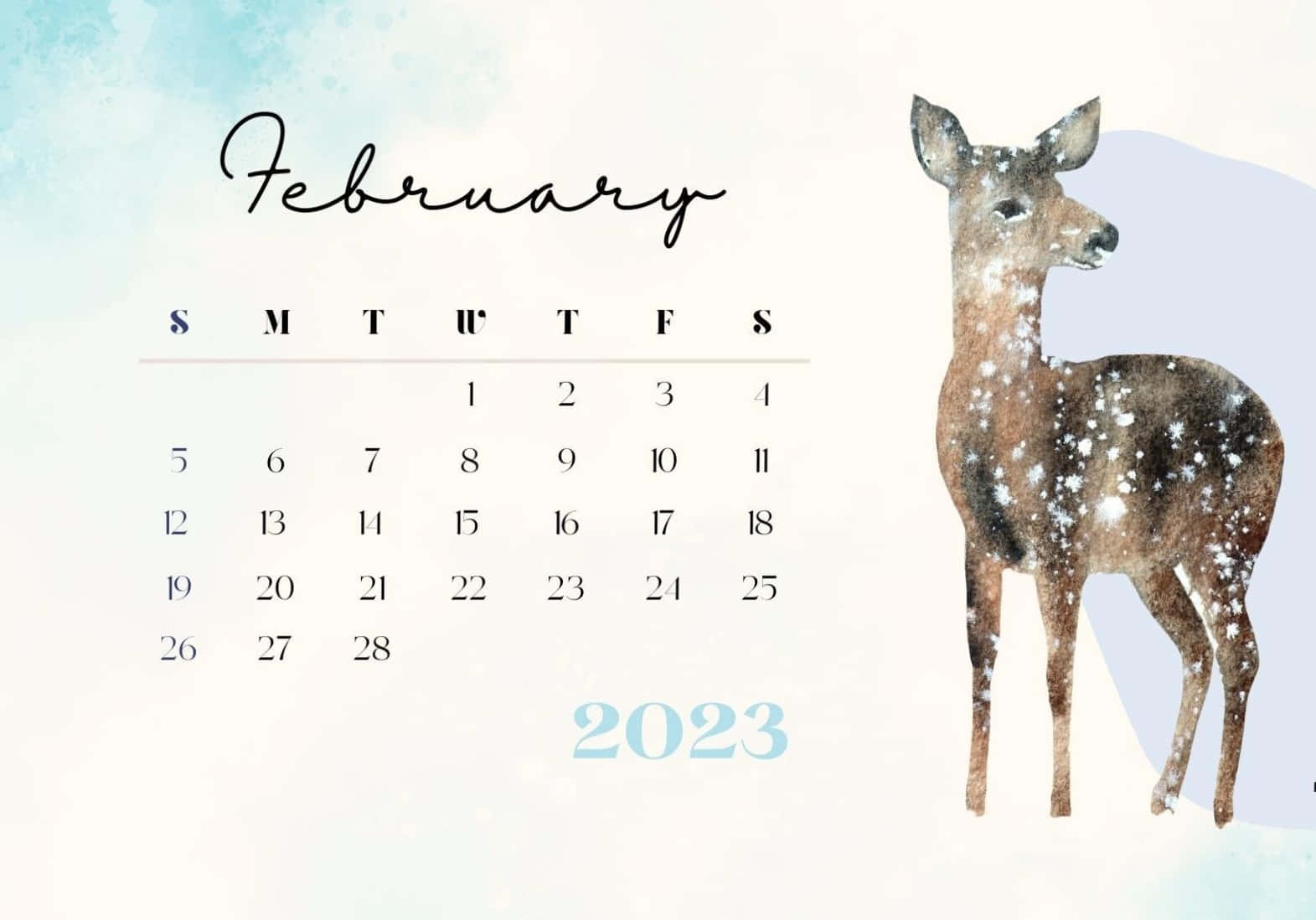 February 2023 calendar, snow-dusted deer, soft blue and white background, HD Desktop Wallpaper