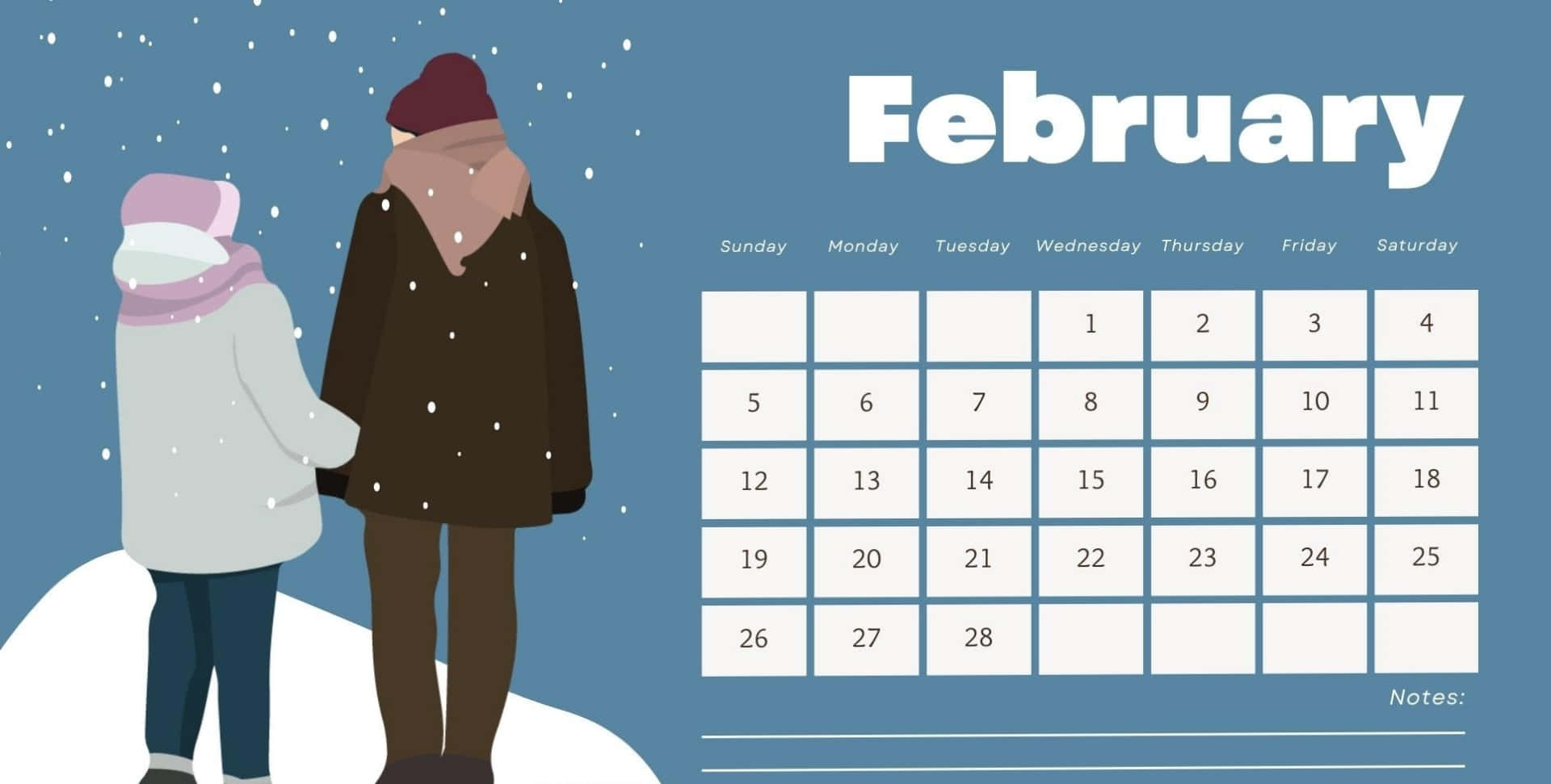 February calendar, snowy hill, winter coats, Full HD Desktop Wallpaper