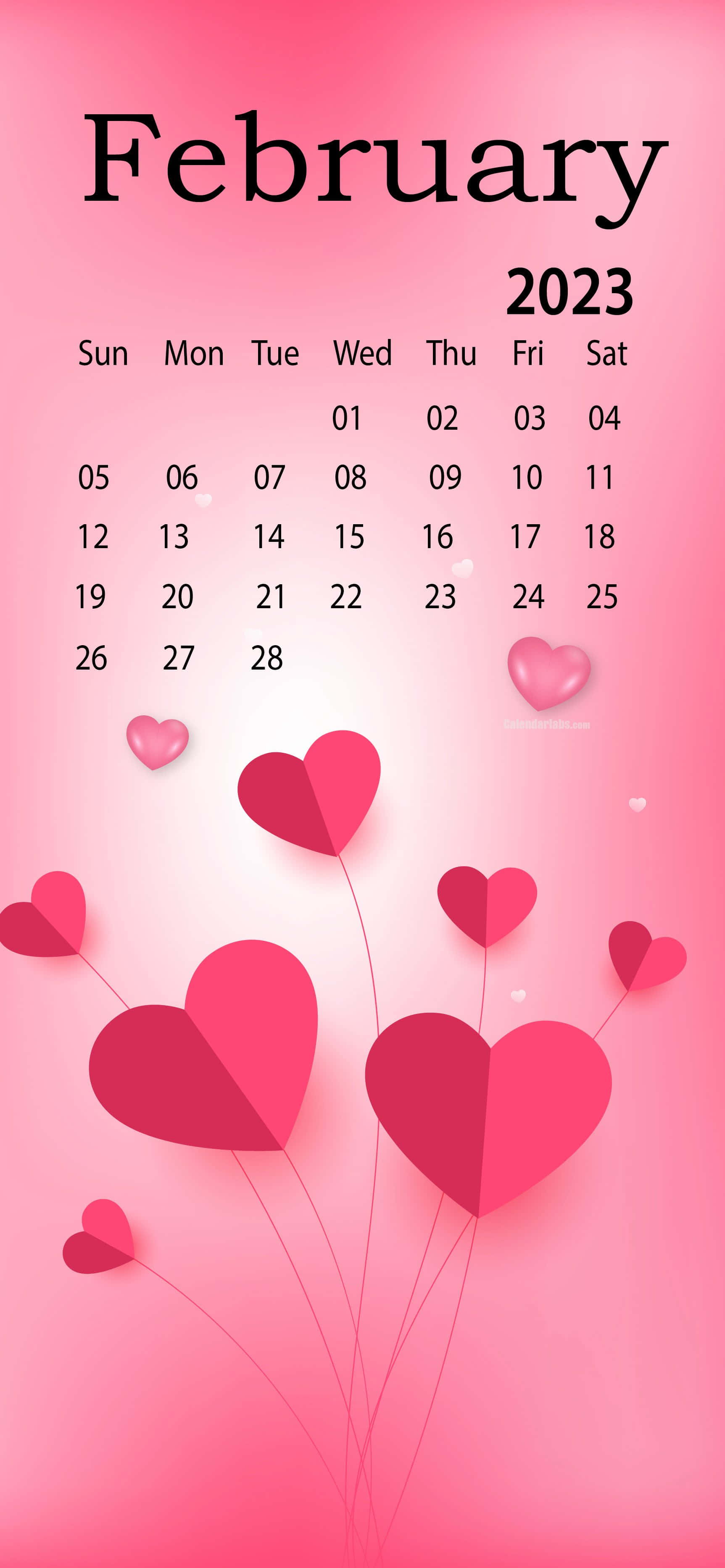 February 2023 calendar, pink paper hearts, gradient pink background, 2K Phone Wallpaper