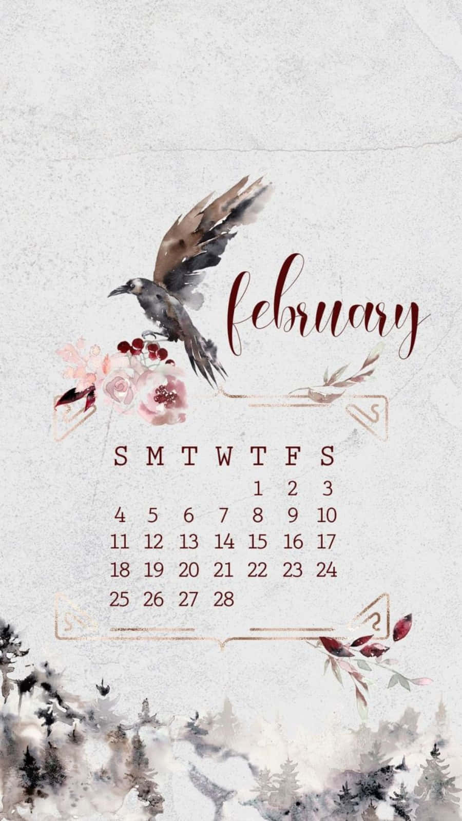 February Calendar, watercolor, flying crow, HD Phone Wallpaper
