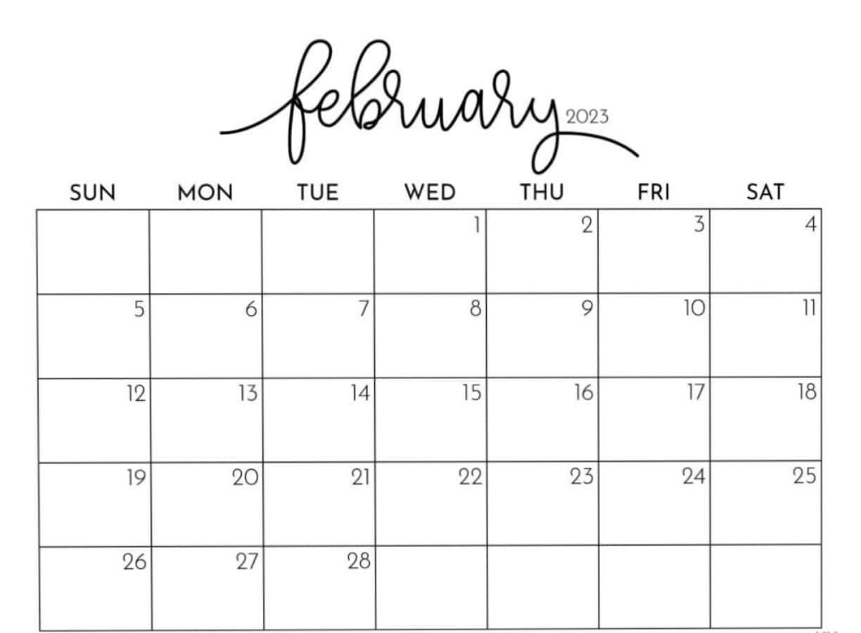 February 2023, cursive title, clean grid layout, SD Desktop Wallpaper
