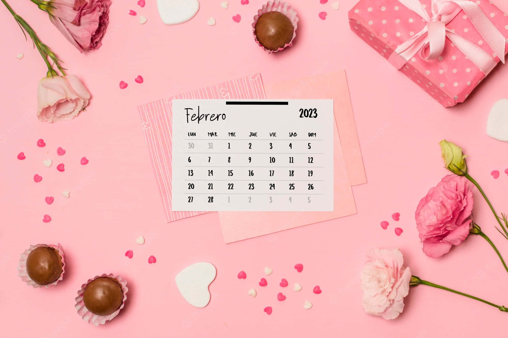 February 2023 calendar, pink flowers, chocolates, Full HD Desktop Wallpaper