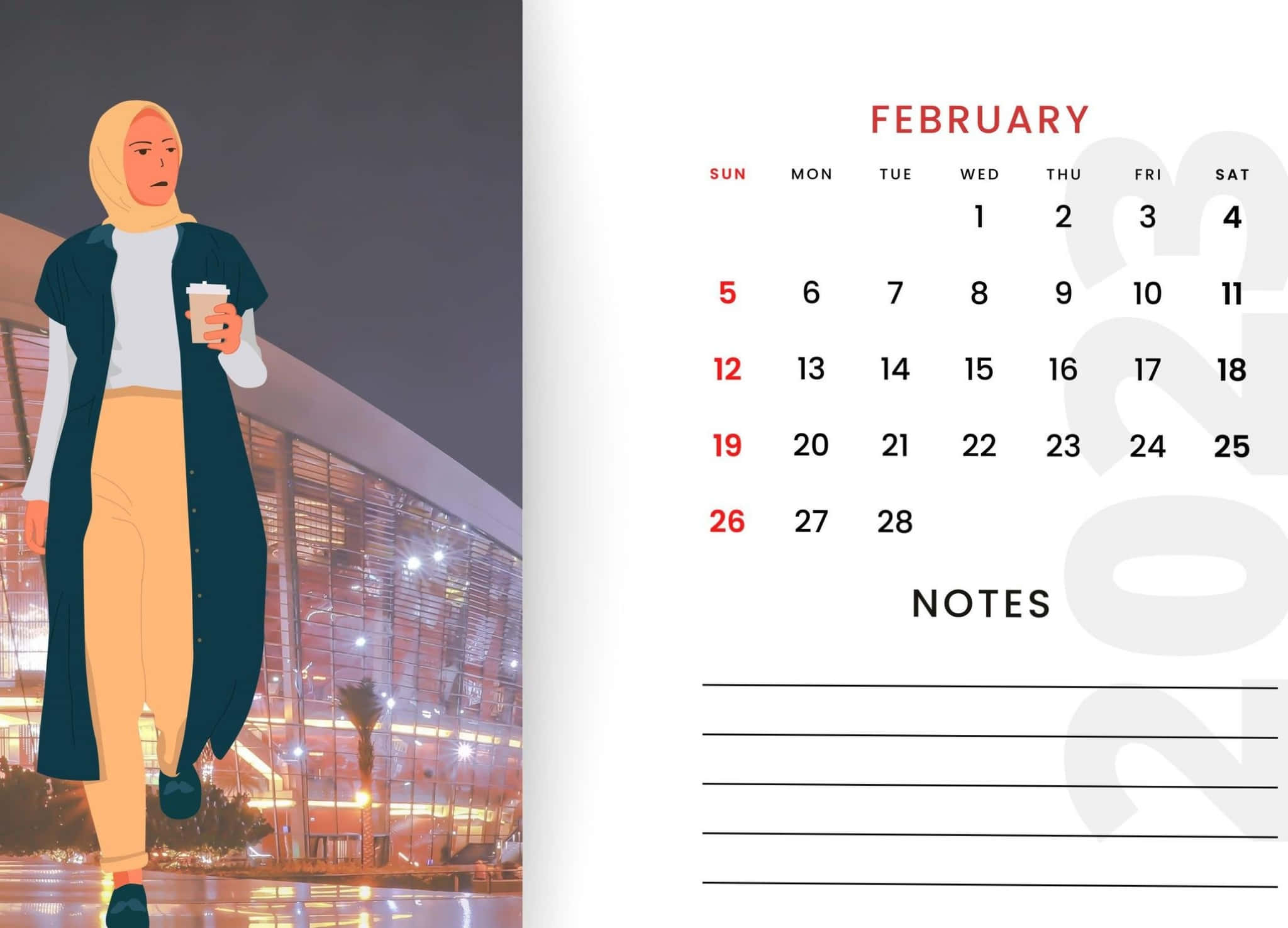 February calendar, woman in a hijab, lit modern building, Full HD Desktop Wallpaper