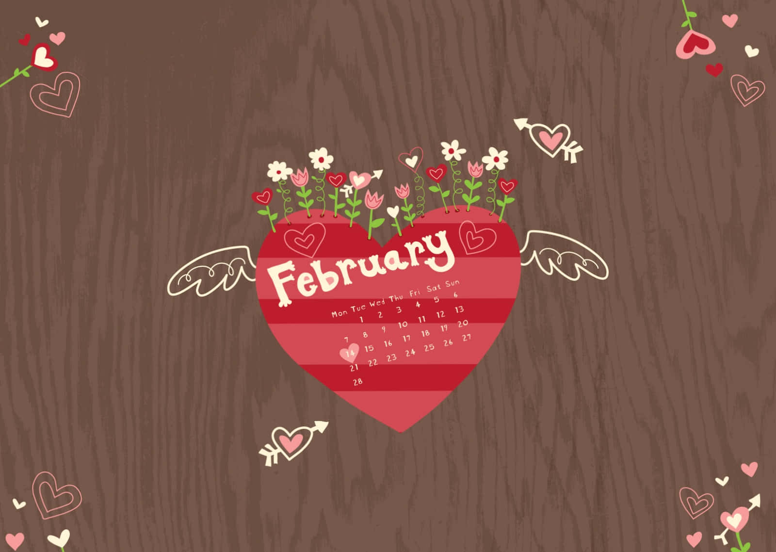 February calendar, red heart-shaped, wings, HD Desktop Wallpaper