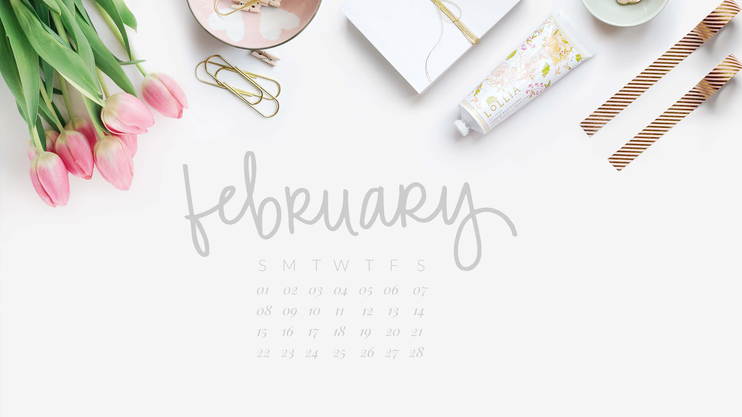 February 2021 Calendar, pink tulips, gold paper clips, 2K Desktop Wallpaper