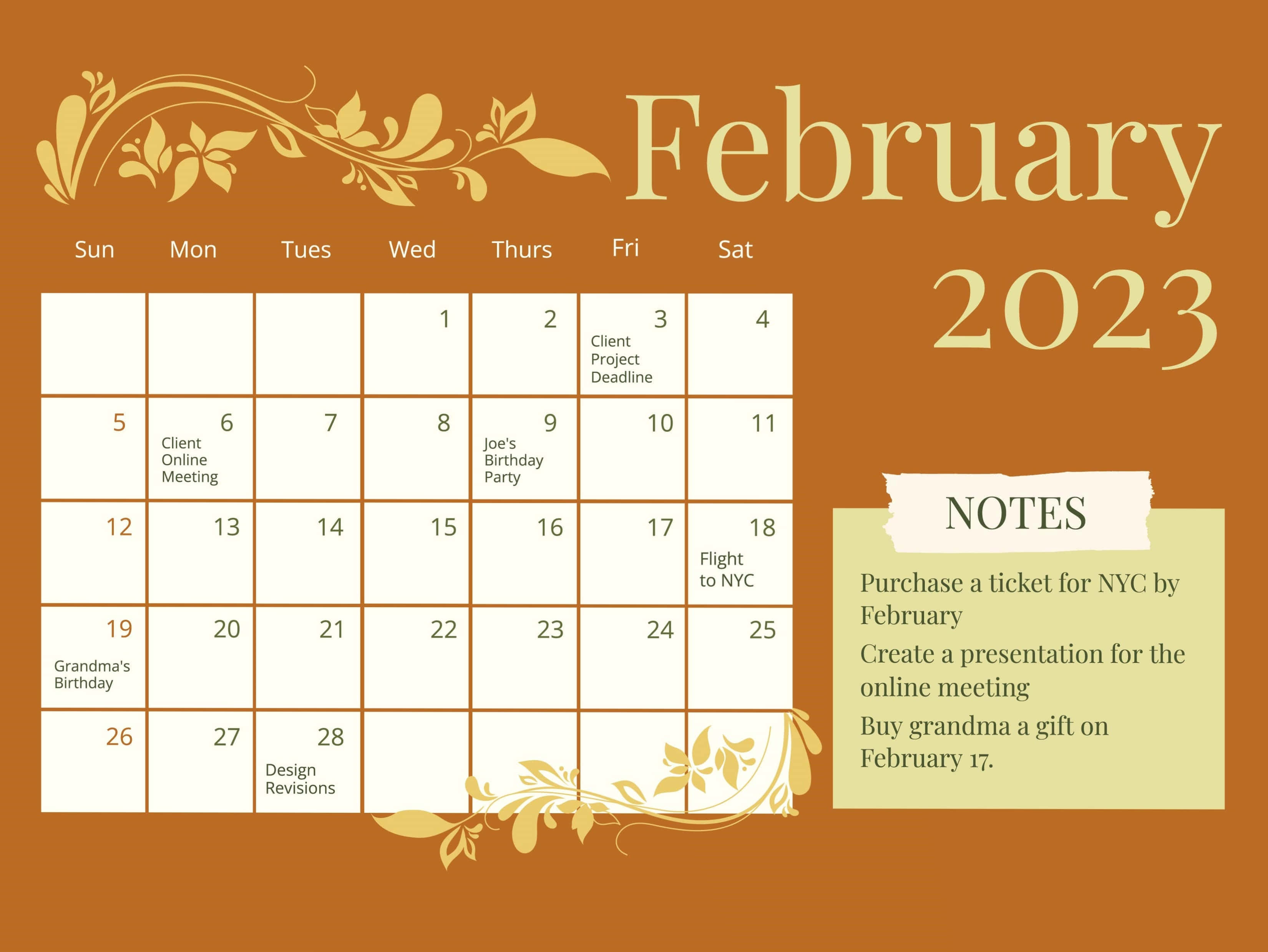 February 2023 calendar, gold floral accents, handwritten-style notes, 2K Desktop Wallpaper