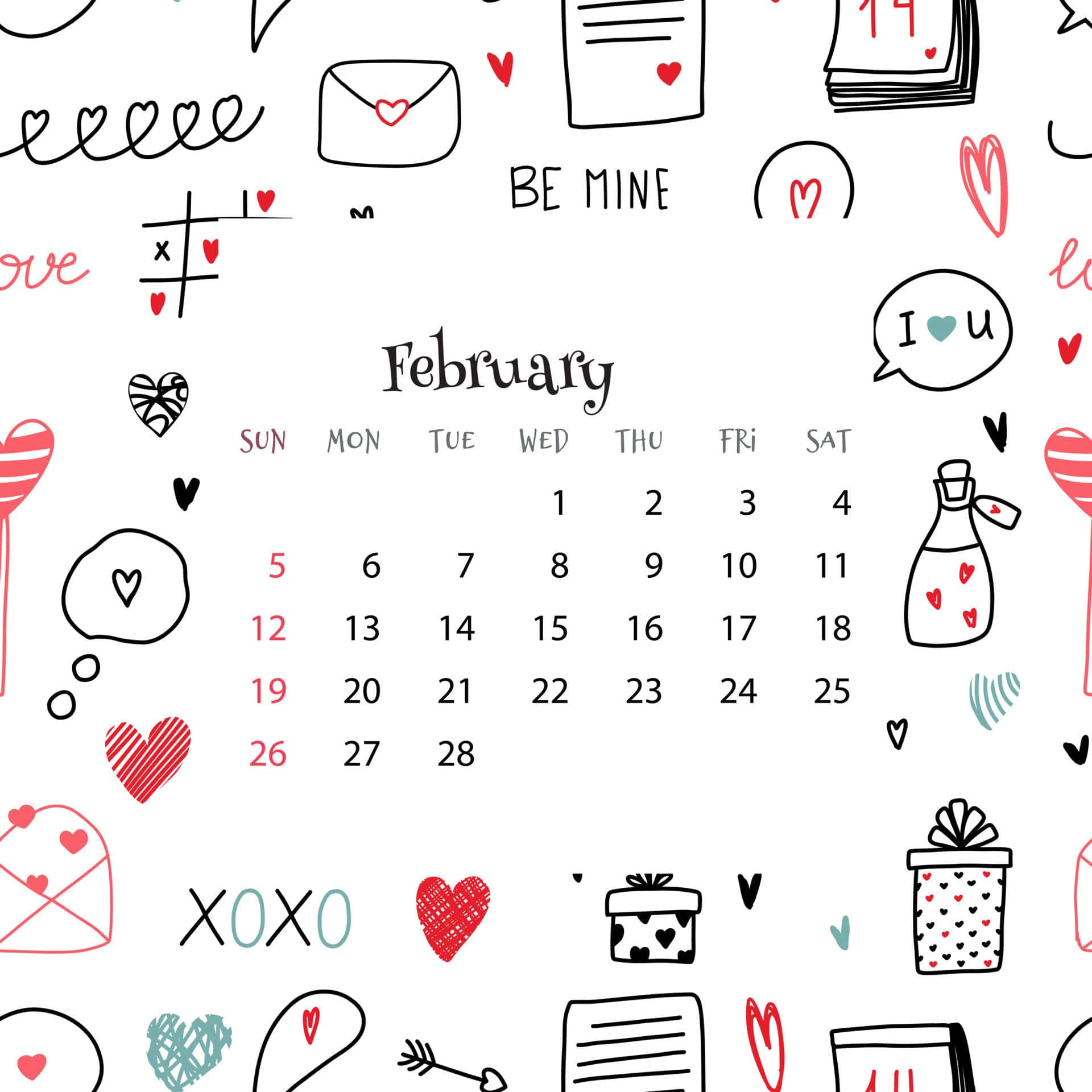 February Calendar, red, teal, Full HD Desktop Wallpaper