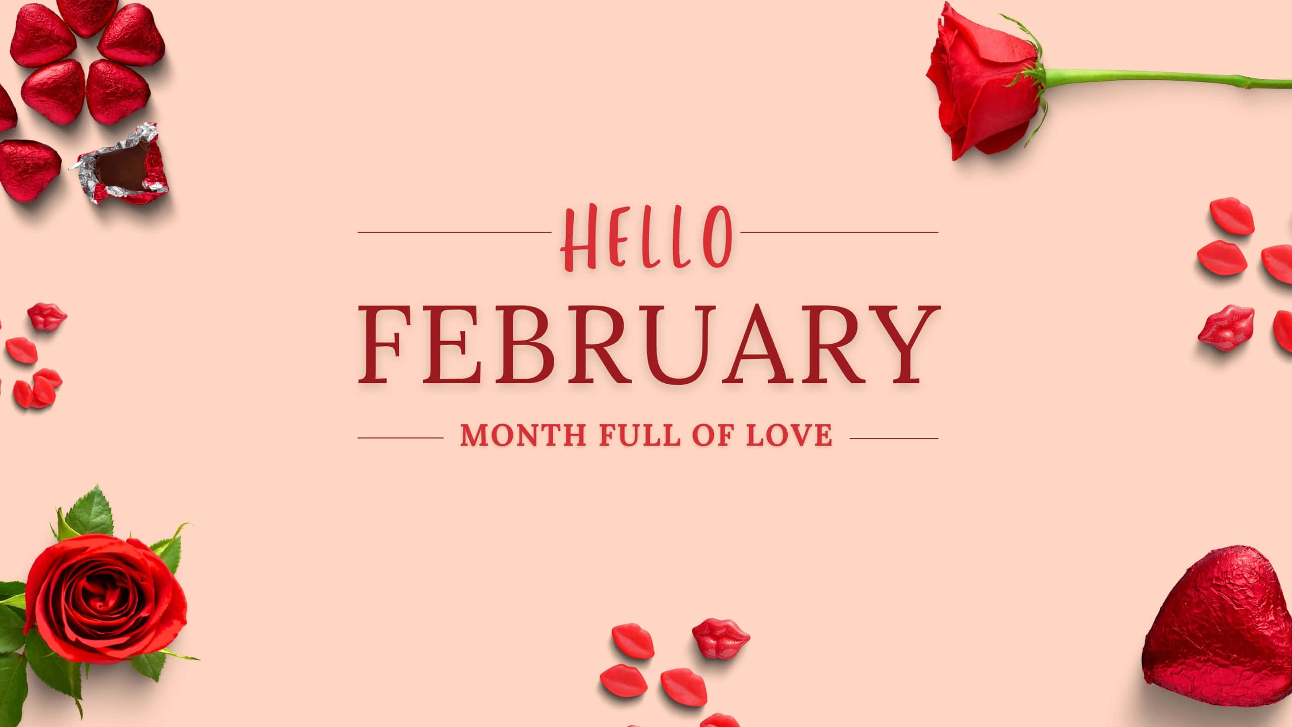 hello february, love theme, soft peach background, 2K Desktop Wallpaper