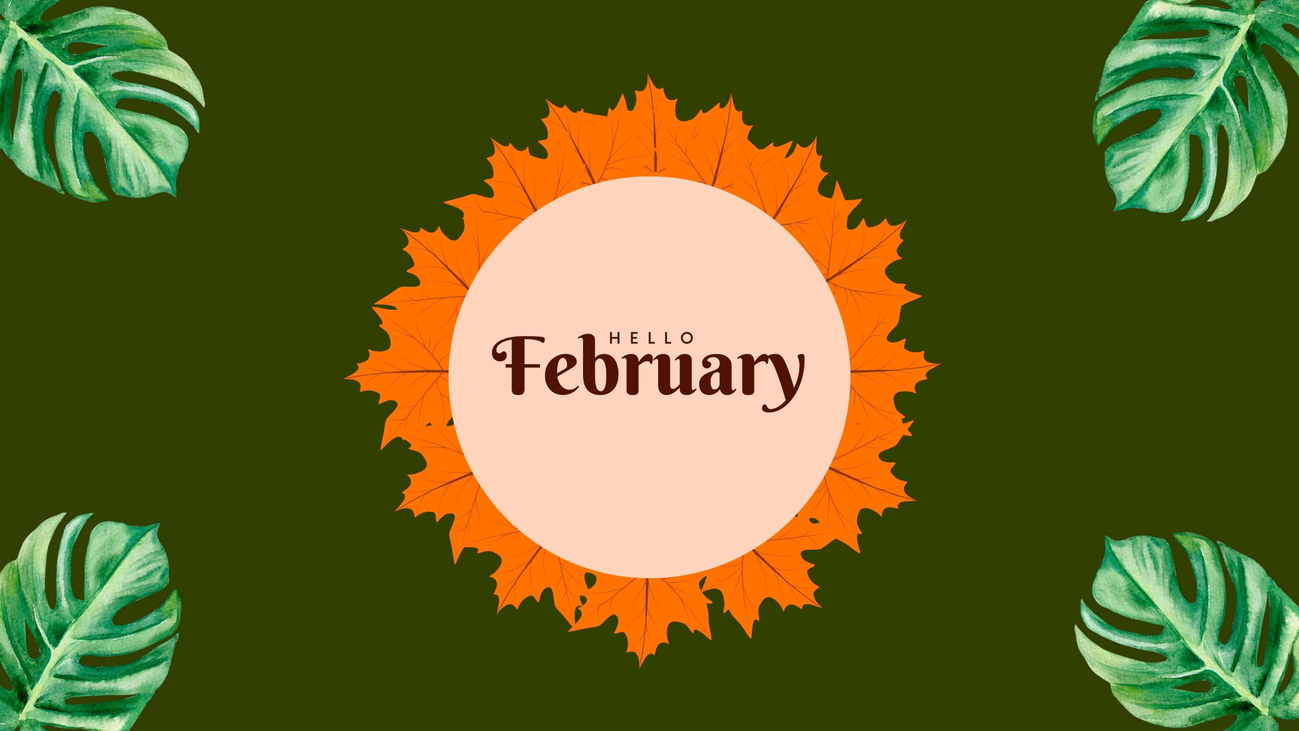 Hello February, orange maple leaf wreath, deep green backdrop, 2K Desktop Wallpaper