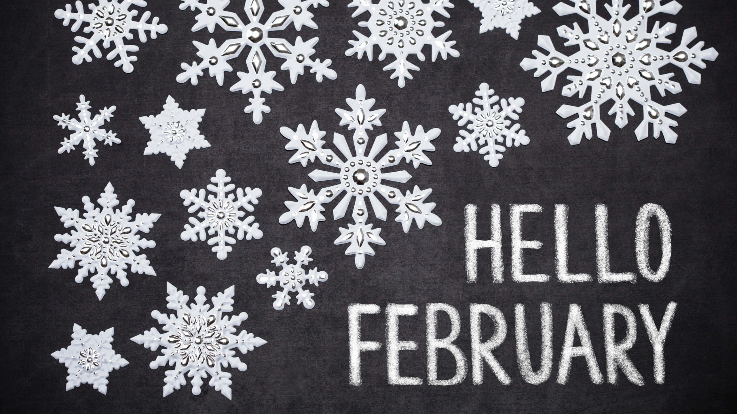 hello february, snowflakes, chalkboard, 2K Desktop Wallpaper