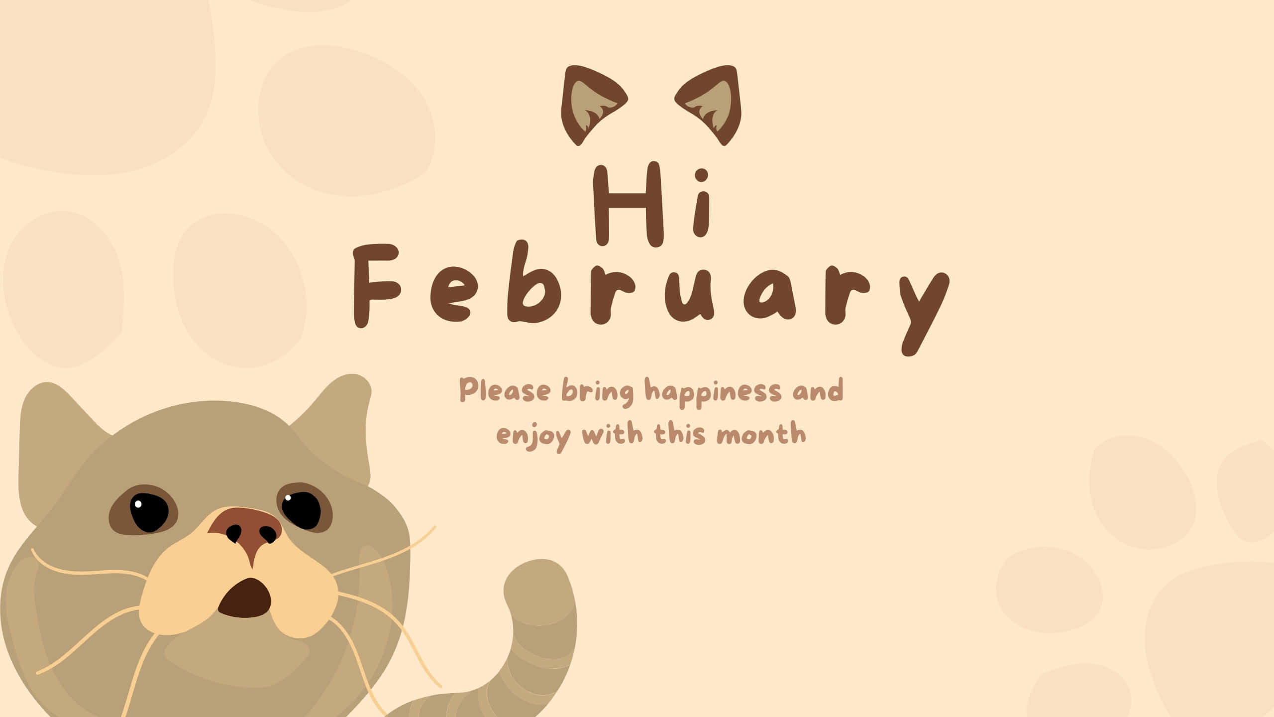 cat, Hi February, soft beige background, 2K Desktop Wallpaper