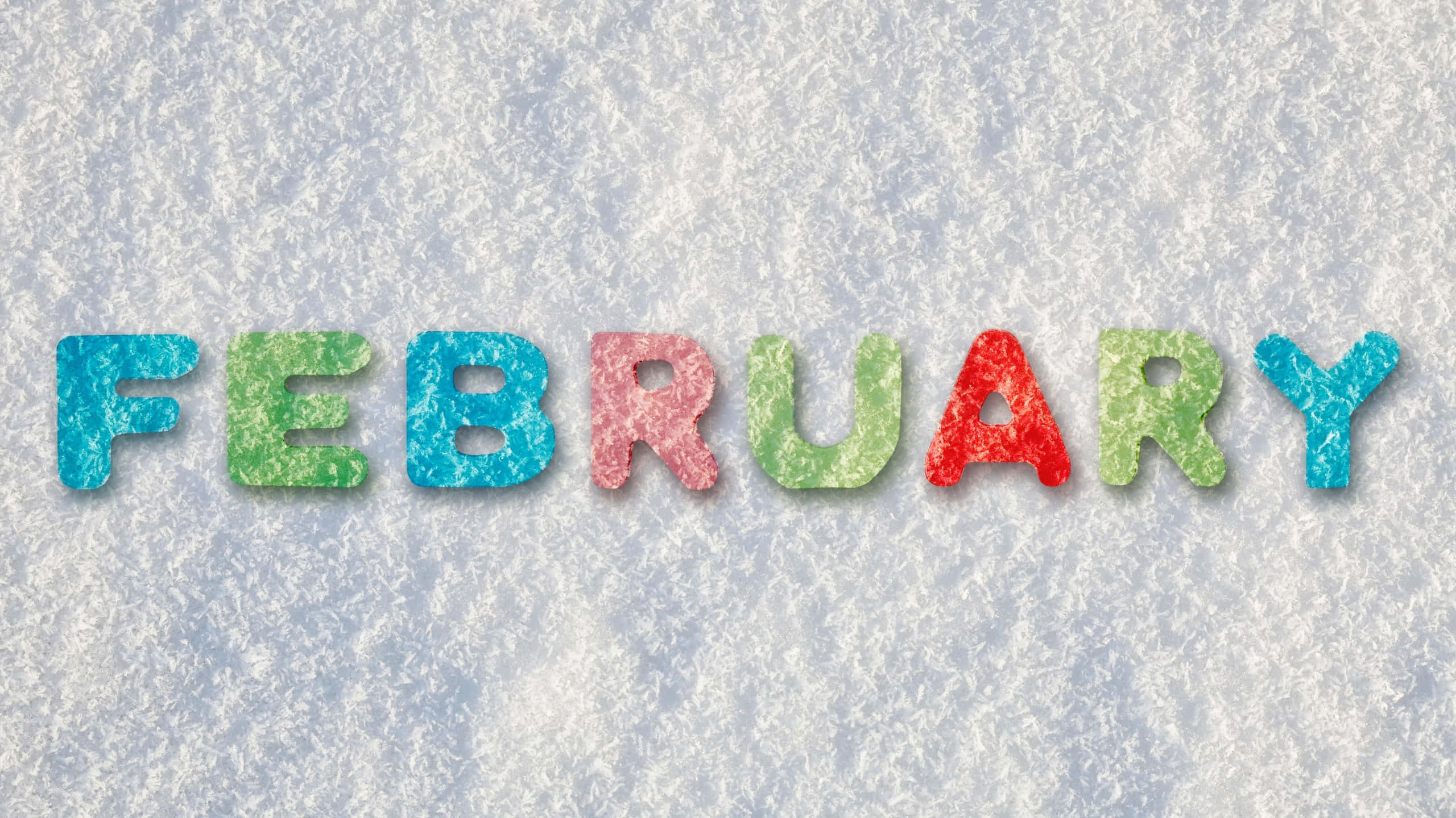 February, colorful textured letters, soft white snowy surface, 2K Desktop Wallpaper