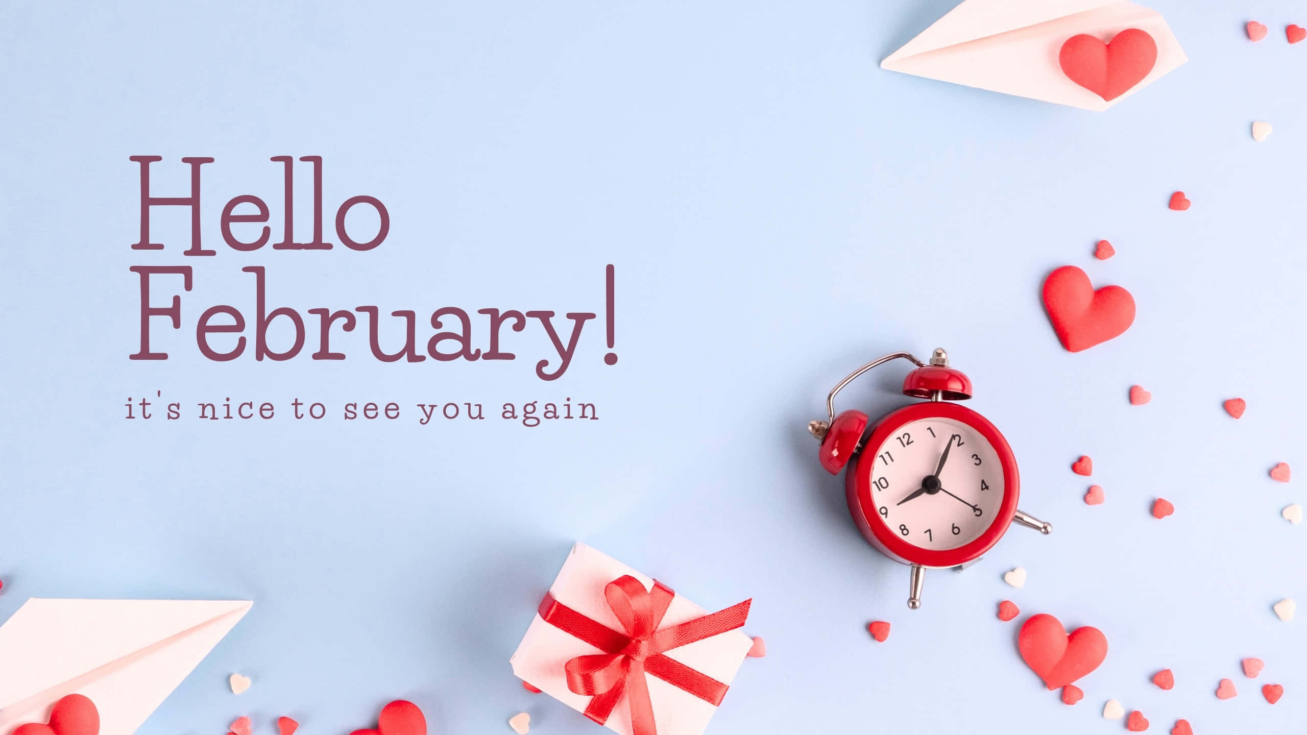 February Desktop, red alarm clock, gift box, 2K Desktop Wallpaper
