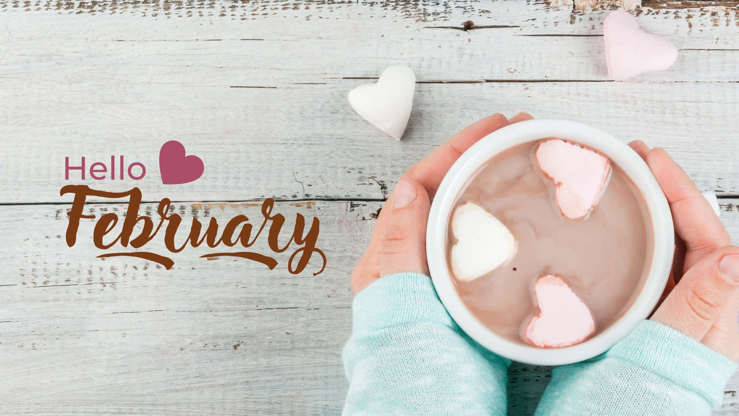 Hello February, hot chocolate, heart-shaped marshmallows, 2K Desktop Wallpaper