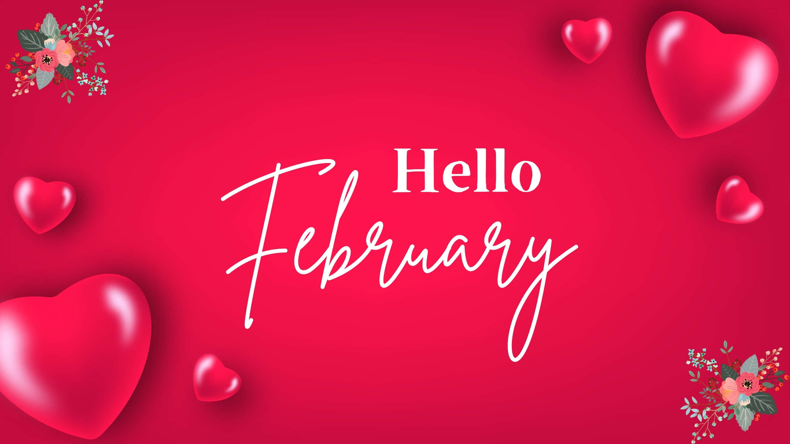 February Desktop, Vibrant red, glossy hearts, 2K Desktop Wallpaper