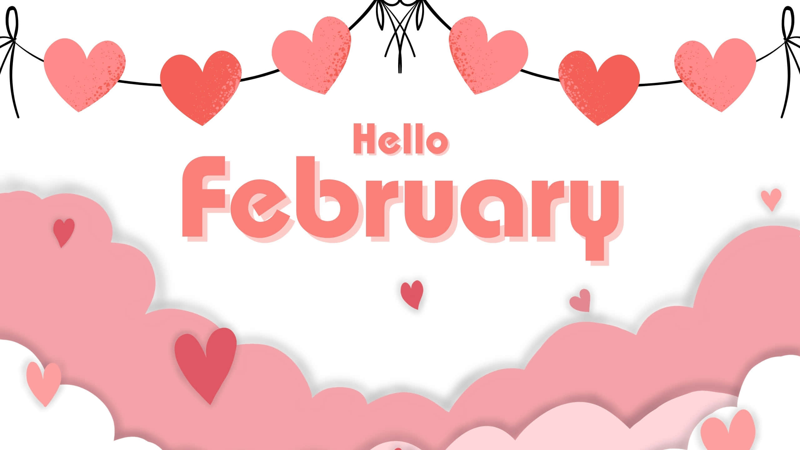 Hello February, pink paper-cut hearts, clouds, 2K Desktop Wallpaper