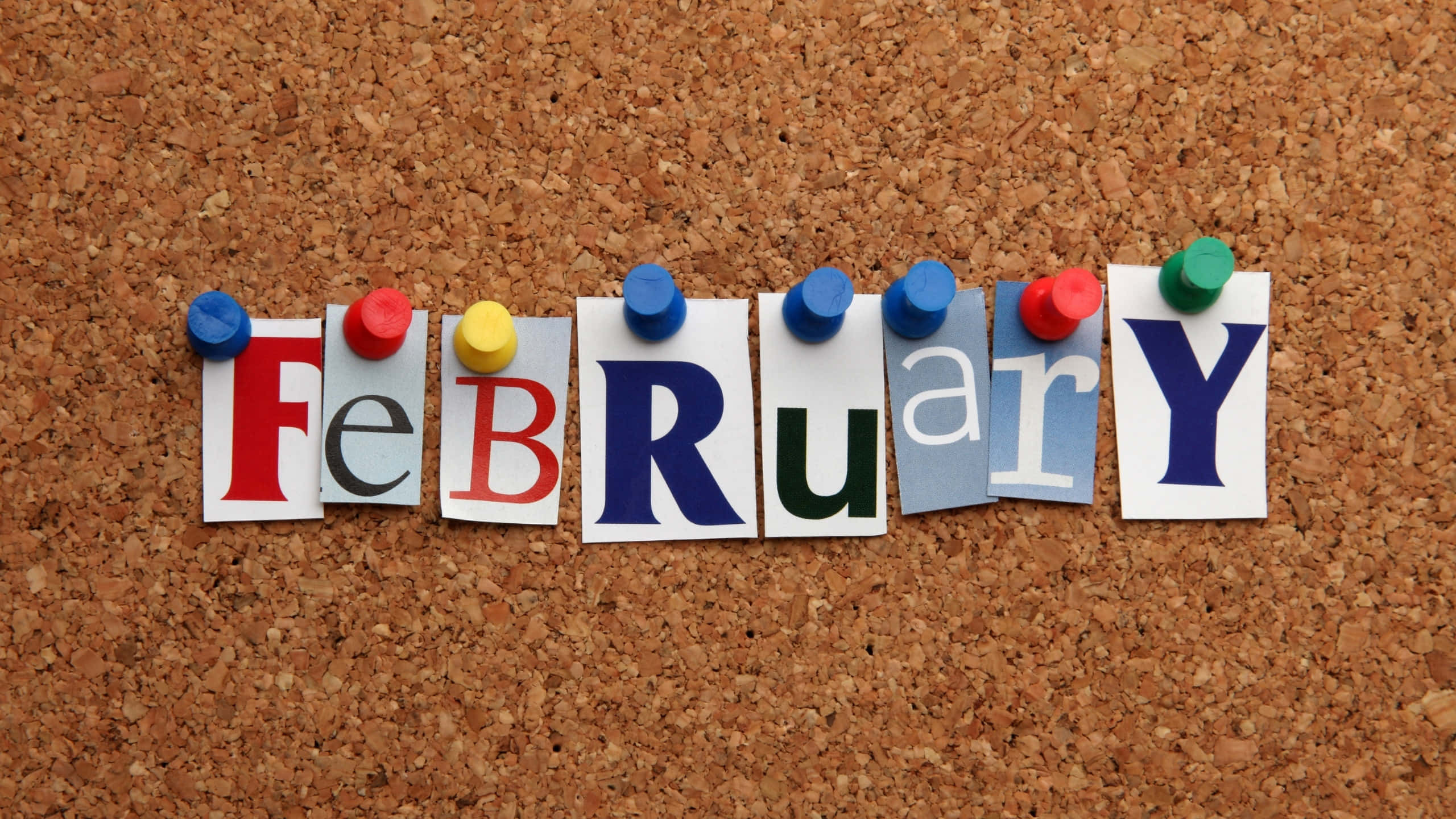 February, colorful cutout letters, textured corkboard, 2K Desktop Wallpaper