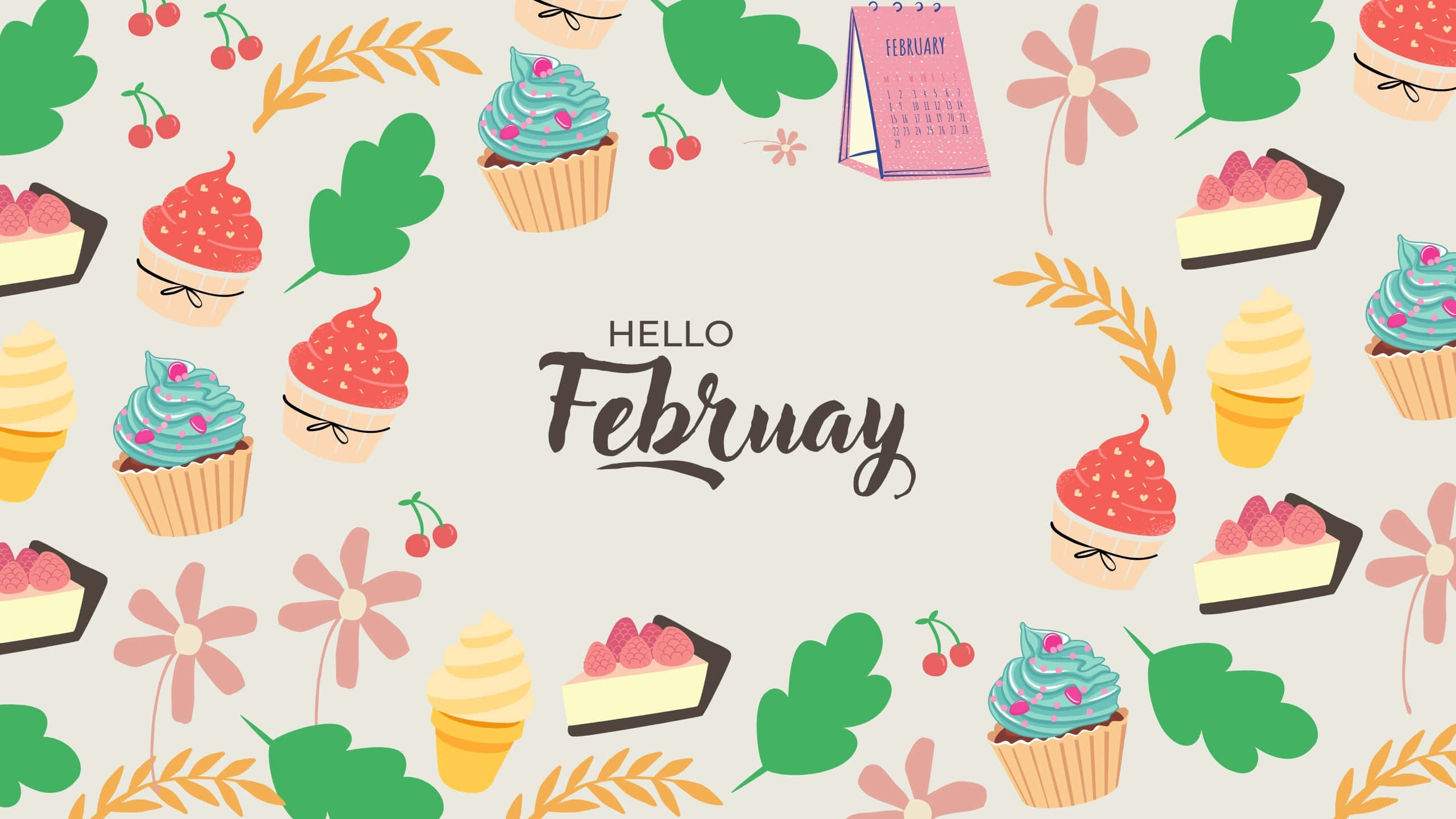 February Desktop, pastel desserts, flowers, 2K Desktop Wallpaper