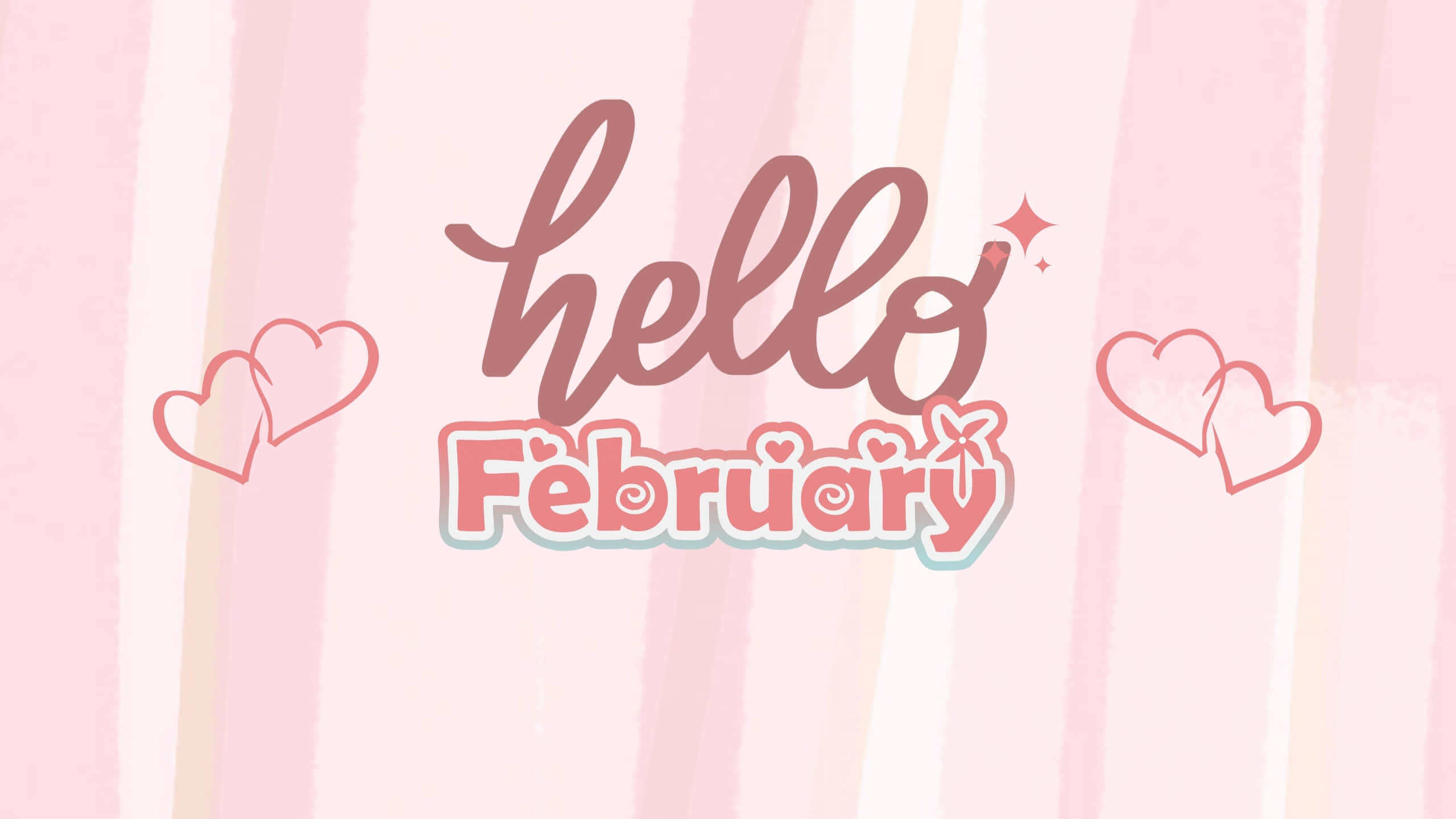 hello February, pink and white striped, playful cursive, 2K Desktop Wallpaper