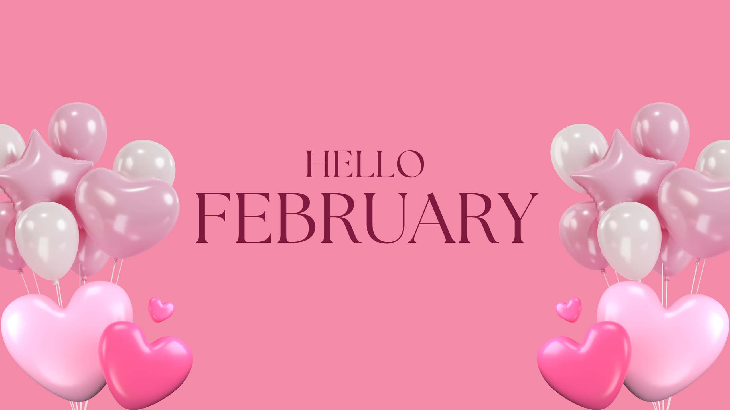 hello february, pink heart balloons, pink star balloons, 2K Desktop Wallpaper