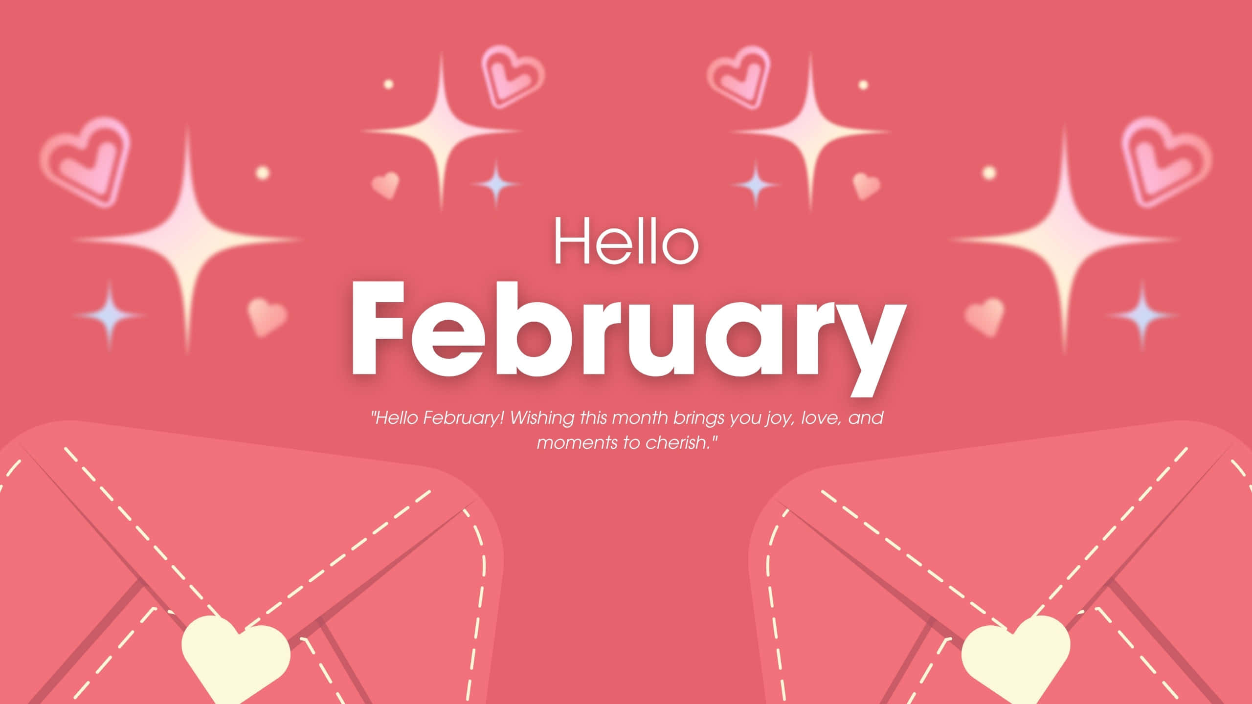 February, pink background, heart sparkles, 2K Desktop Wallpaper