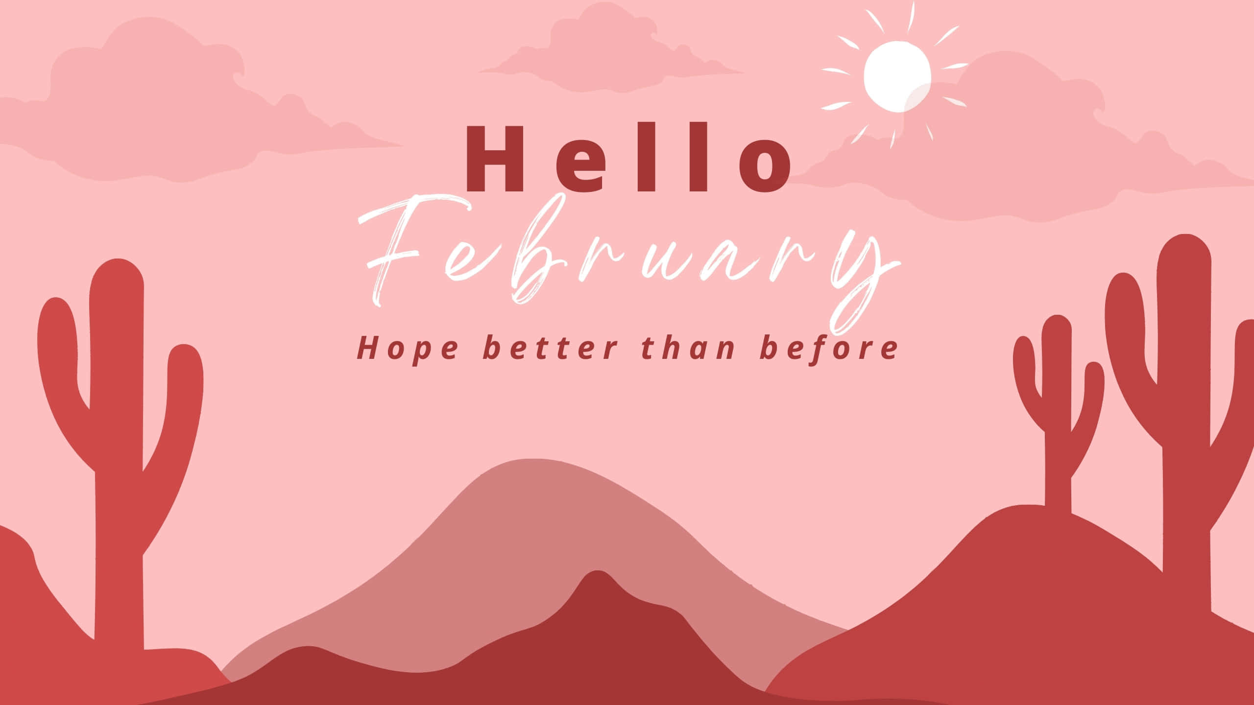 February Desktop, pink desert landscape, cacti mountains, 2K Desktop Wallpaper