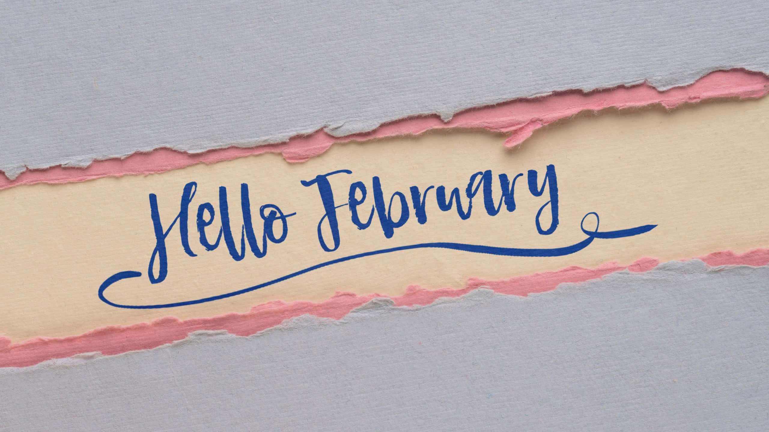 Hello February, blue cursive text, beige, 2K Desktop Wallpaper