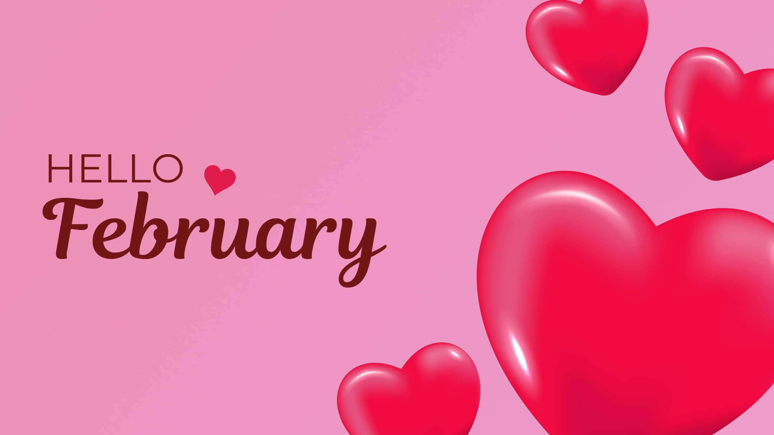 Hello February, glossy red hearts, soft pink background, 2K Desktop Wallpaper