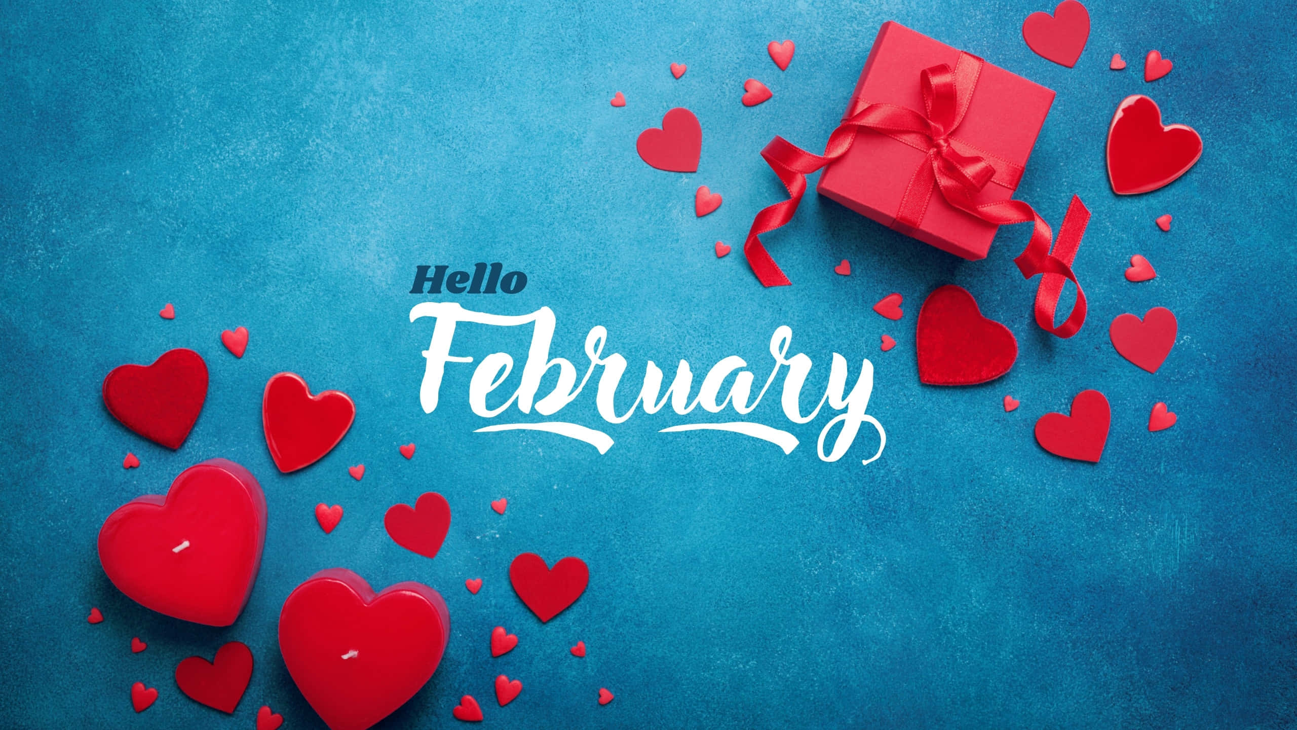Hello February, red hearts, gift box, 2K Desktop Wallpaper
