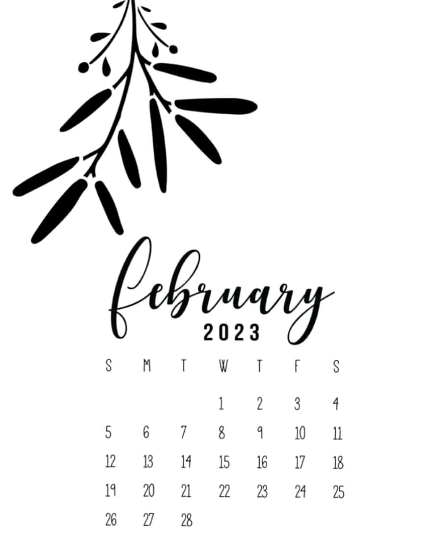 February 2023, minimalist black and white, elegant script, SD Phone Wallpaper